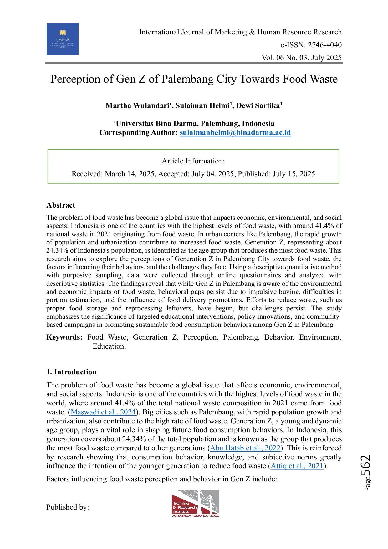 JURIS Perception of Gen Z of Palembang City Towards Food Waste