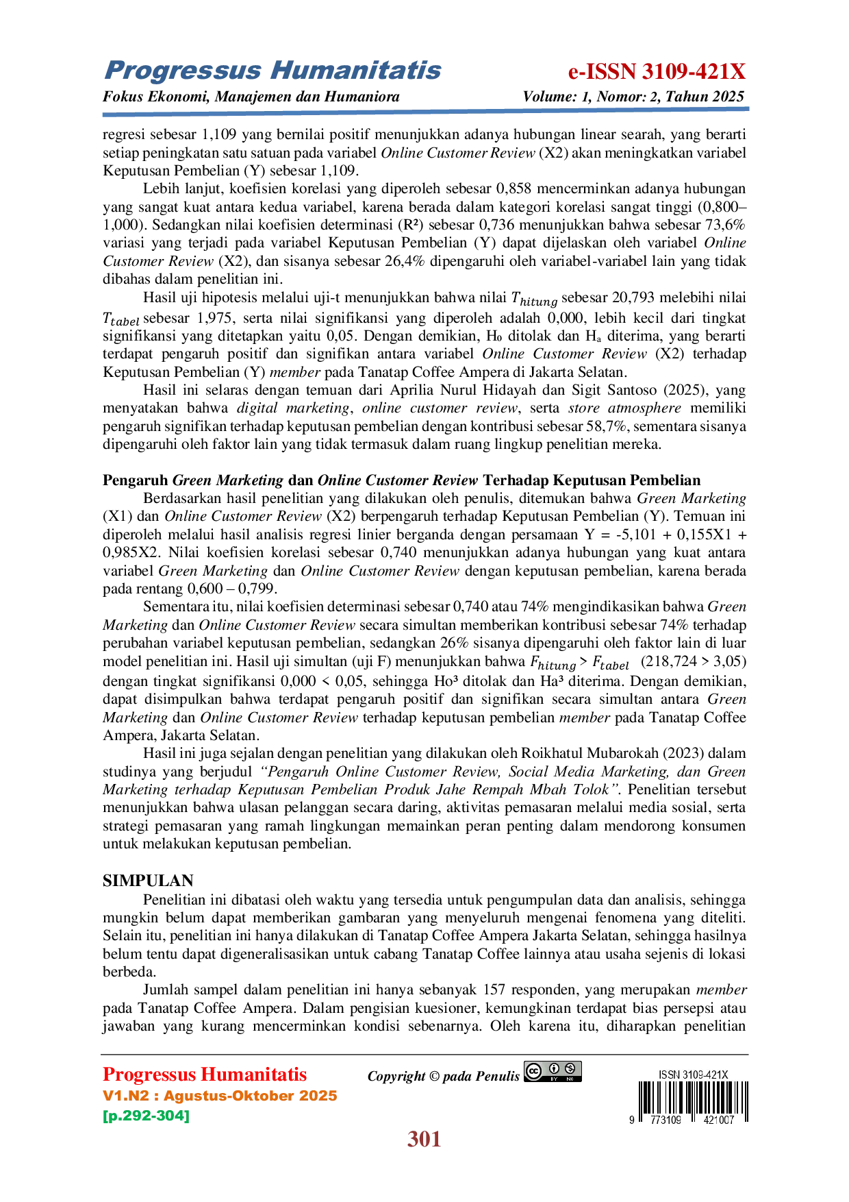 JURIS Pengaruh Green Marketing dan Online Customer Review terhadap Keputusan Pembelian Member pada Tanatap Coffee Ampera Jakarta Selatan