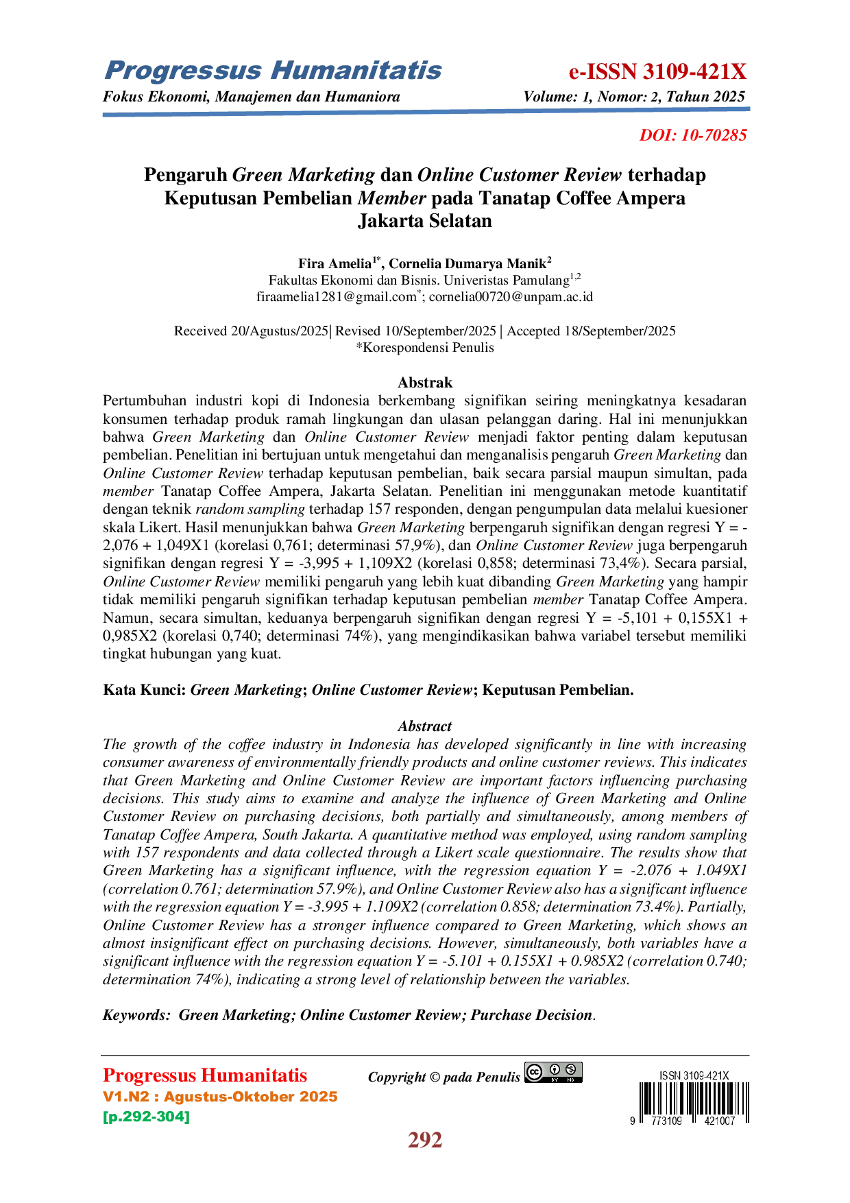 JURIS Pengaruh Green Marketing dan Online Customer Review terhadap Keputusan Pembelian Member pada Tanatap Coffee Ampera Jakarta Selatan