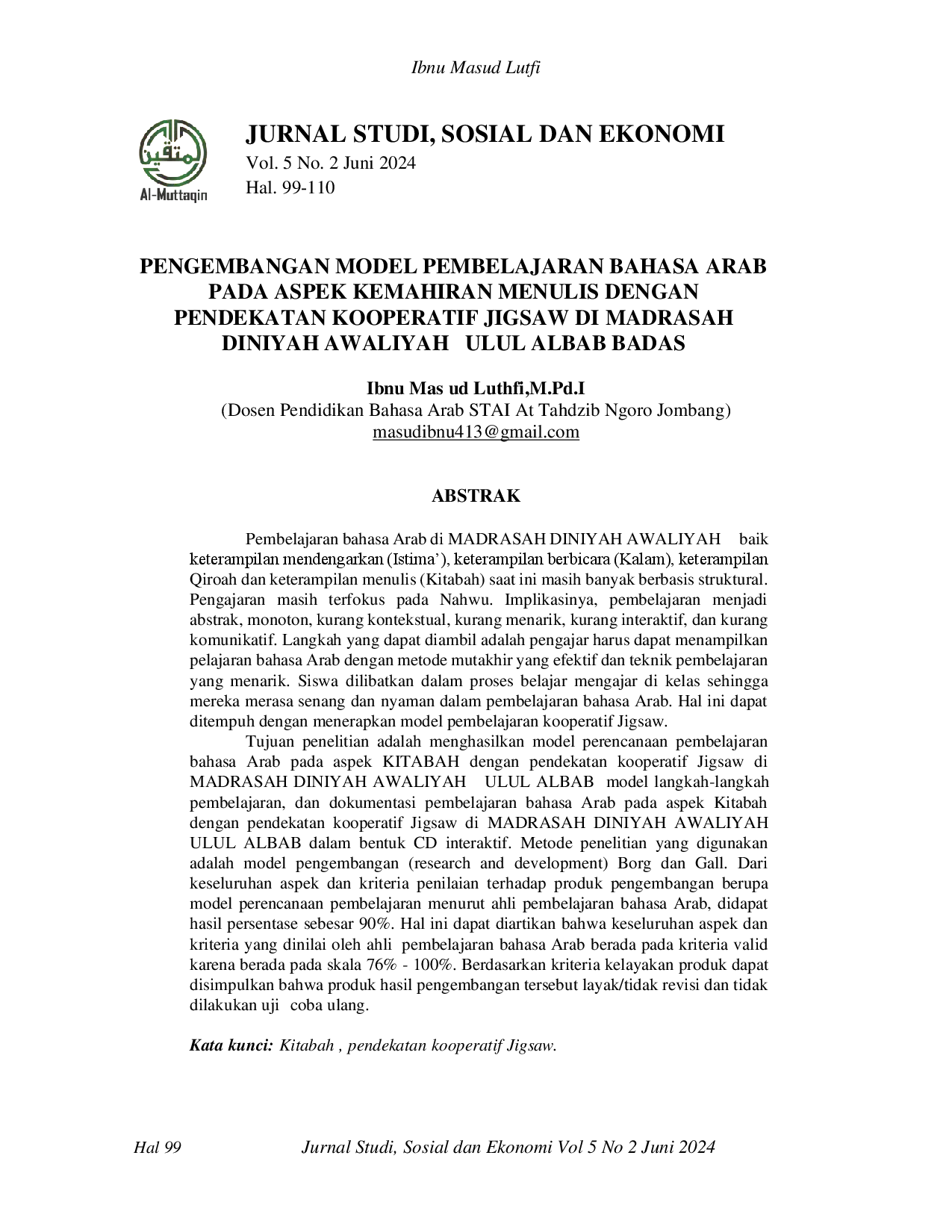 juris Pengembangan Model Pembelajaran Bahasa Arab Pada Aspek Kemahiran Menulis Dengan Pendekatan Kooperatif Jigsaw Di Madrasah Diniyah Awaliyah Ulul Albab