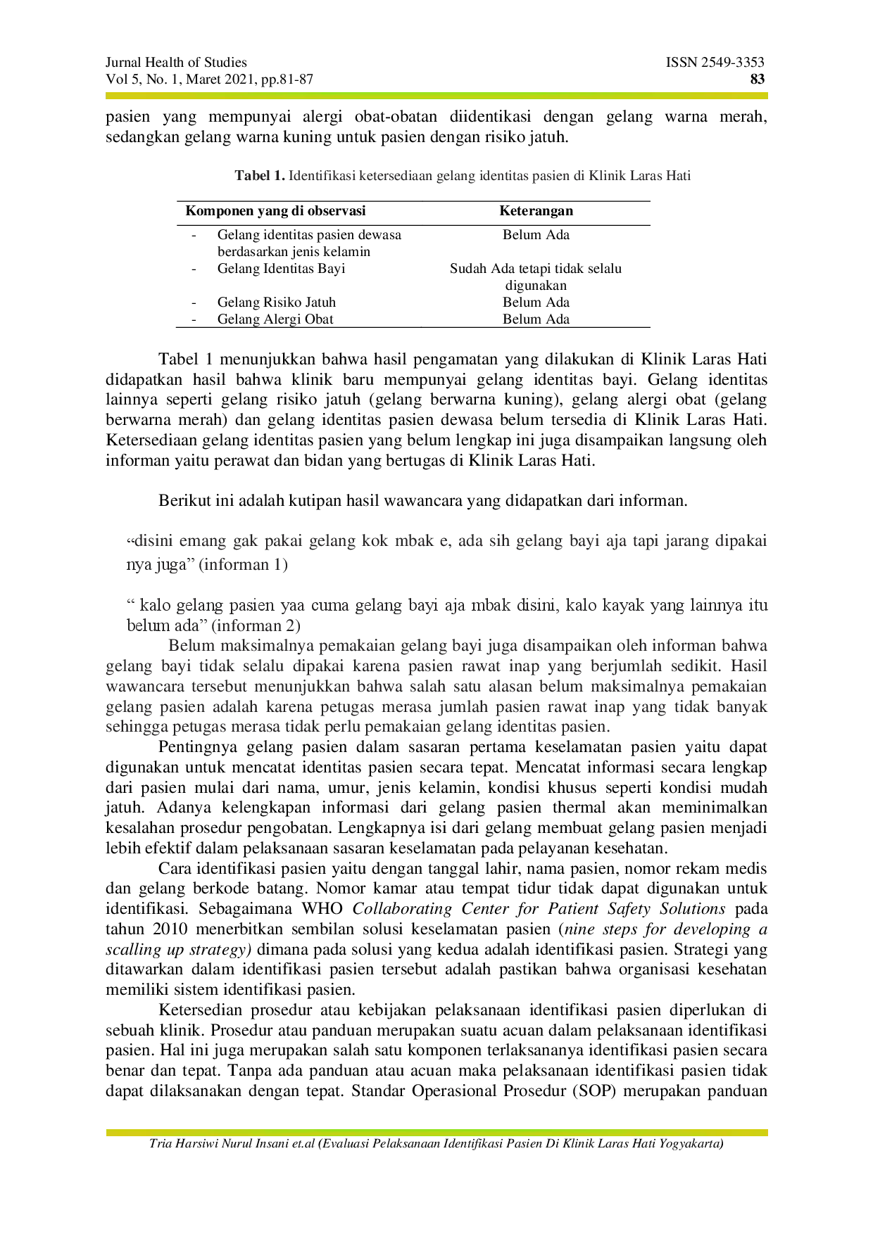juris Evaluasi Pelaksanaan Identifikasi Pasien di Klinik Laras Hati Yogyakarta