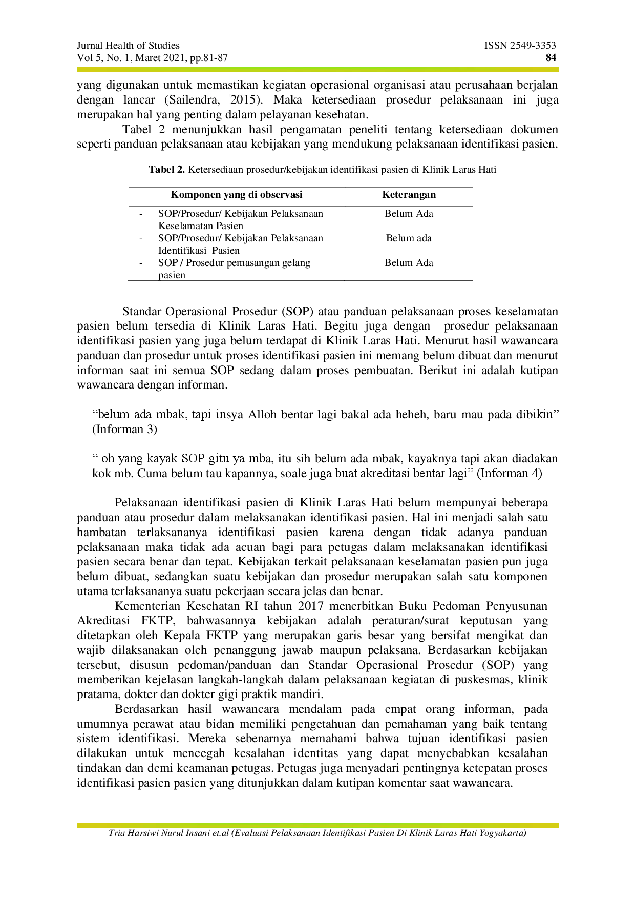 juris Evaluasi Pelaksanaan Identifikasi Pasien di Klinik Laras Hati Yogyakarta