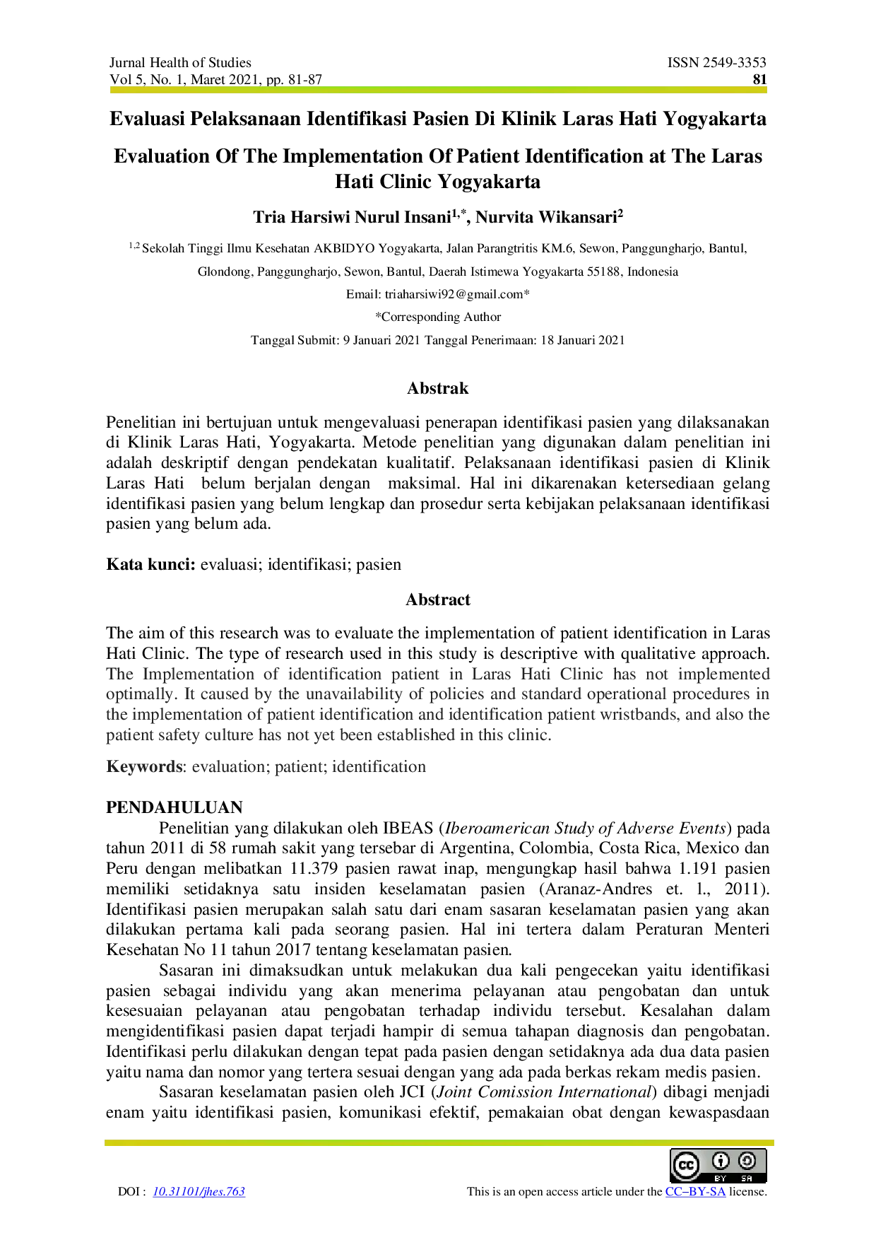 juris Evaluasi Pelaksanaan Identifikasi Pasien di Klinik Laras Hati Yogyakarta