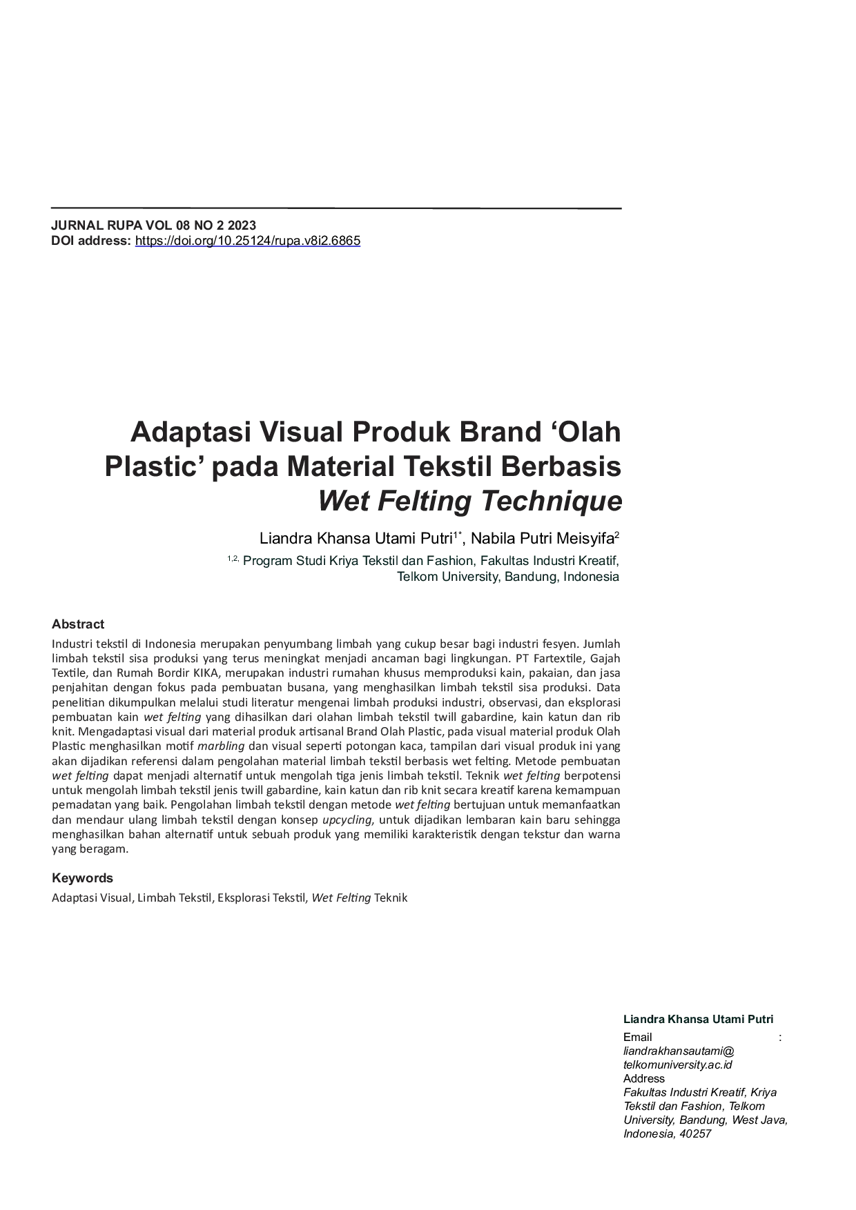 JURIS Adaptasi Visual Produk Brand Olah Plastic pada Material Tekstil Berbasis Wet Felting Technique