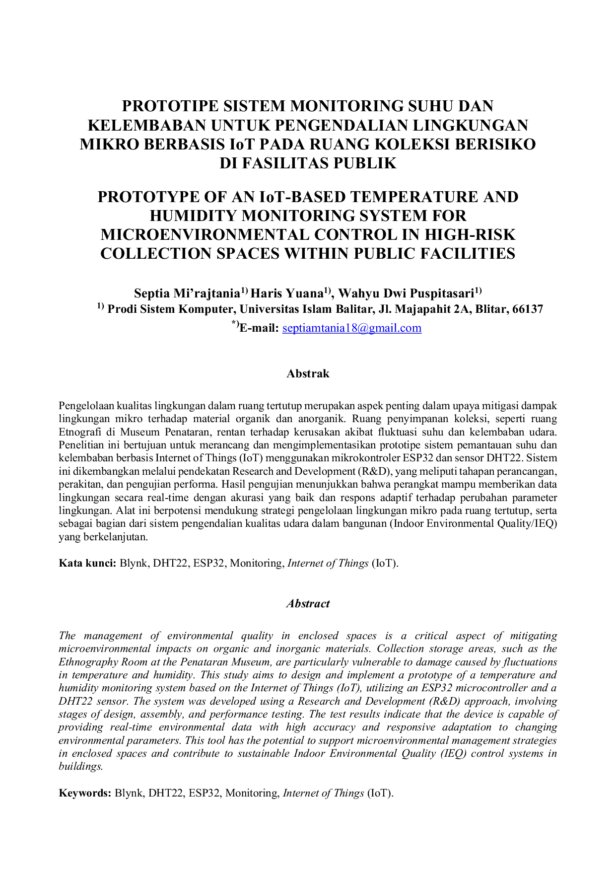 JURIS Prototipe Sistem Monitoring Suhu Dan Kelembaban Untuk Pengecekan Lingkungan Mikro Berbasis Iot Pada Ruang Koleksi Berisiko Di Fasilitas Publik