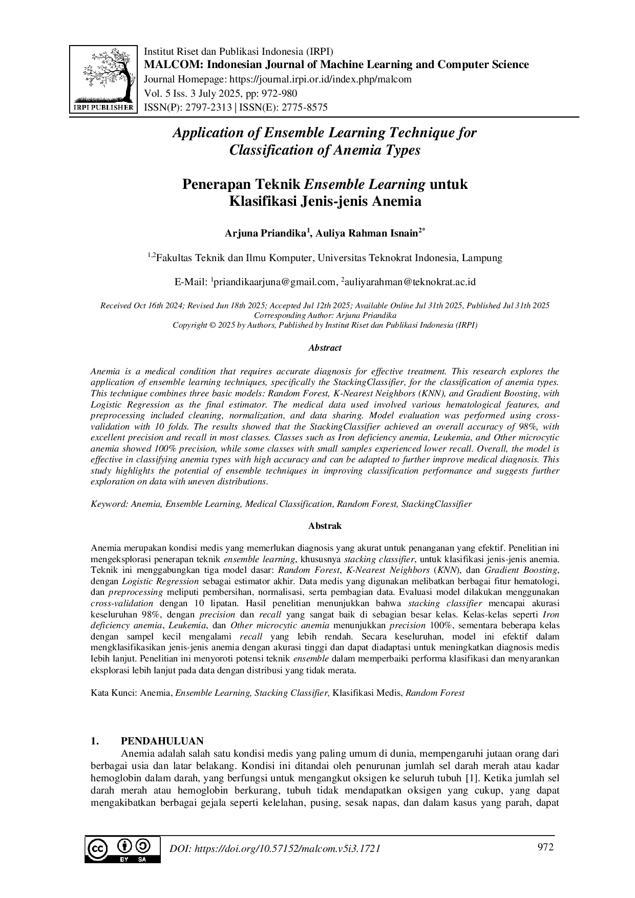 JURIS Penerapan Teknik Ensemble Learning untuk Klasifikasi Jenis jenis Anemia
