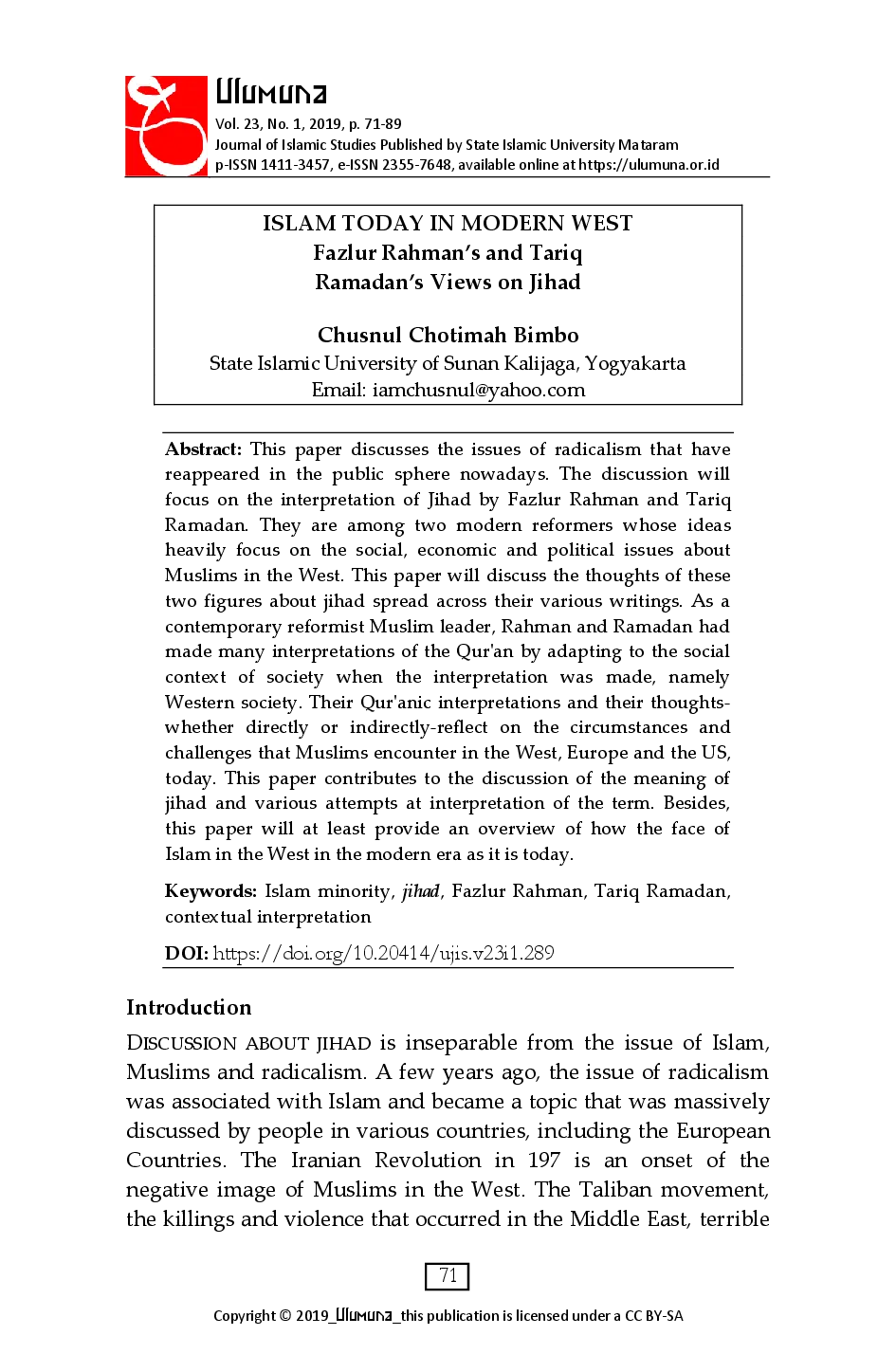 juris Islam Today in Modern West Fazlur Rahman s and Tariq Ramadan s Views on Jihad