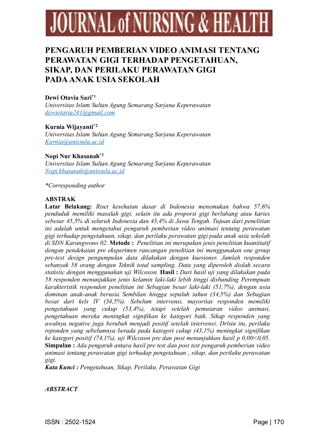JURIS Pengaruh Pemberian Video Animasi Tentang Perawatan Gigi Terhadap Pengetahuan Sikap Dan Perilaku Perawatan Gigi Pada Anak Usia Sekolah