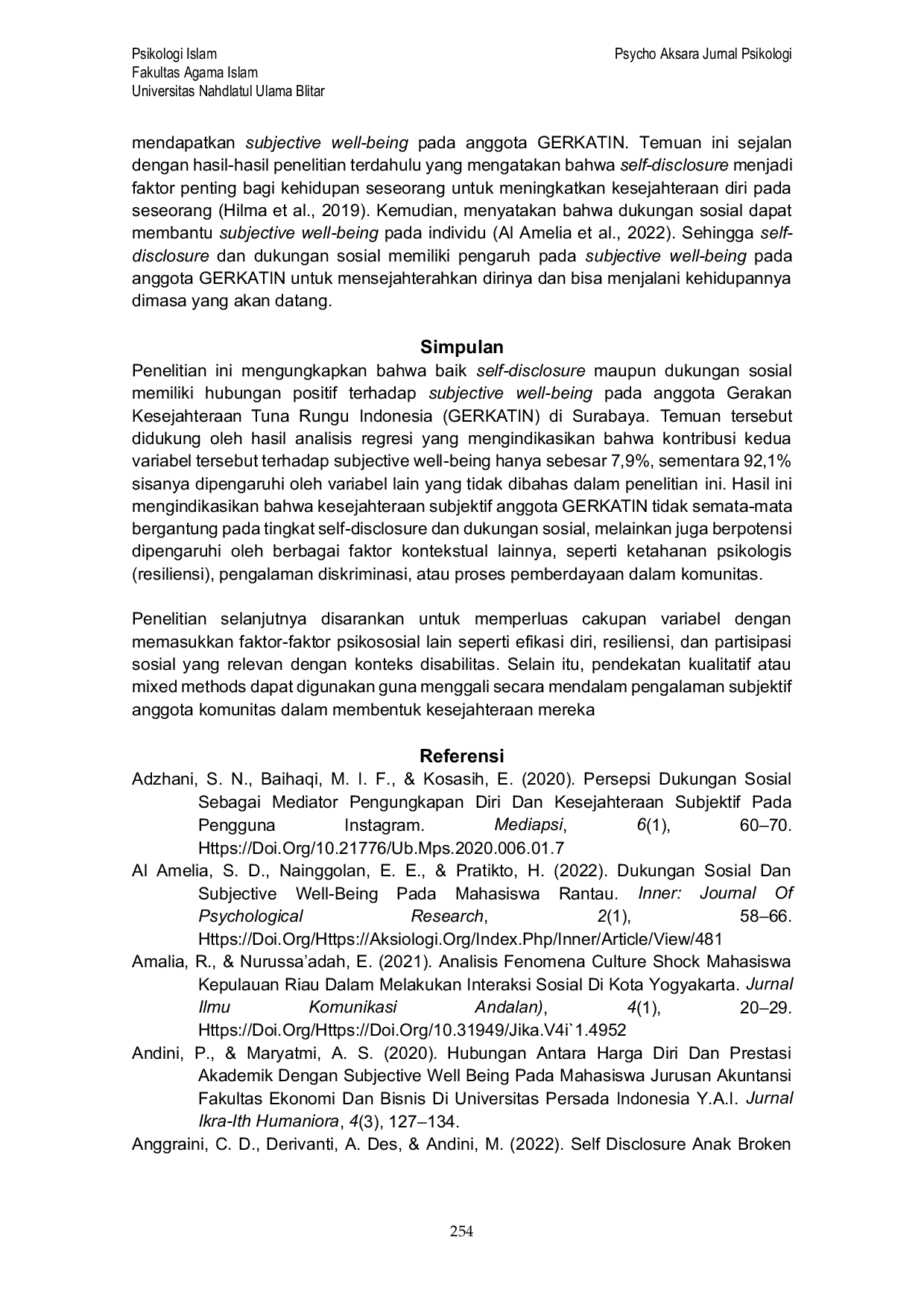 JURIS Self Disclosure dan Dukungan Sosial Sebagai Prediktor Kesejahteraan Subjektif pada Anggota GERKATIN di Surabaya