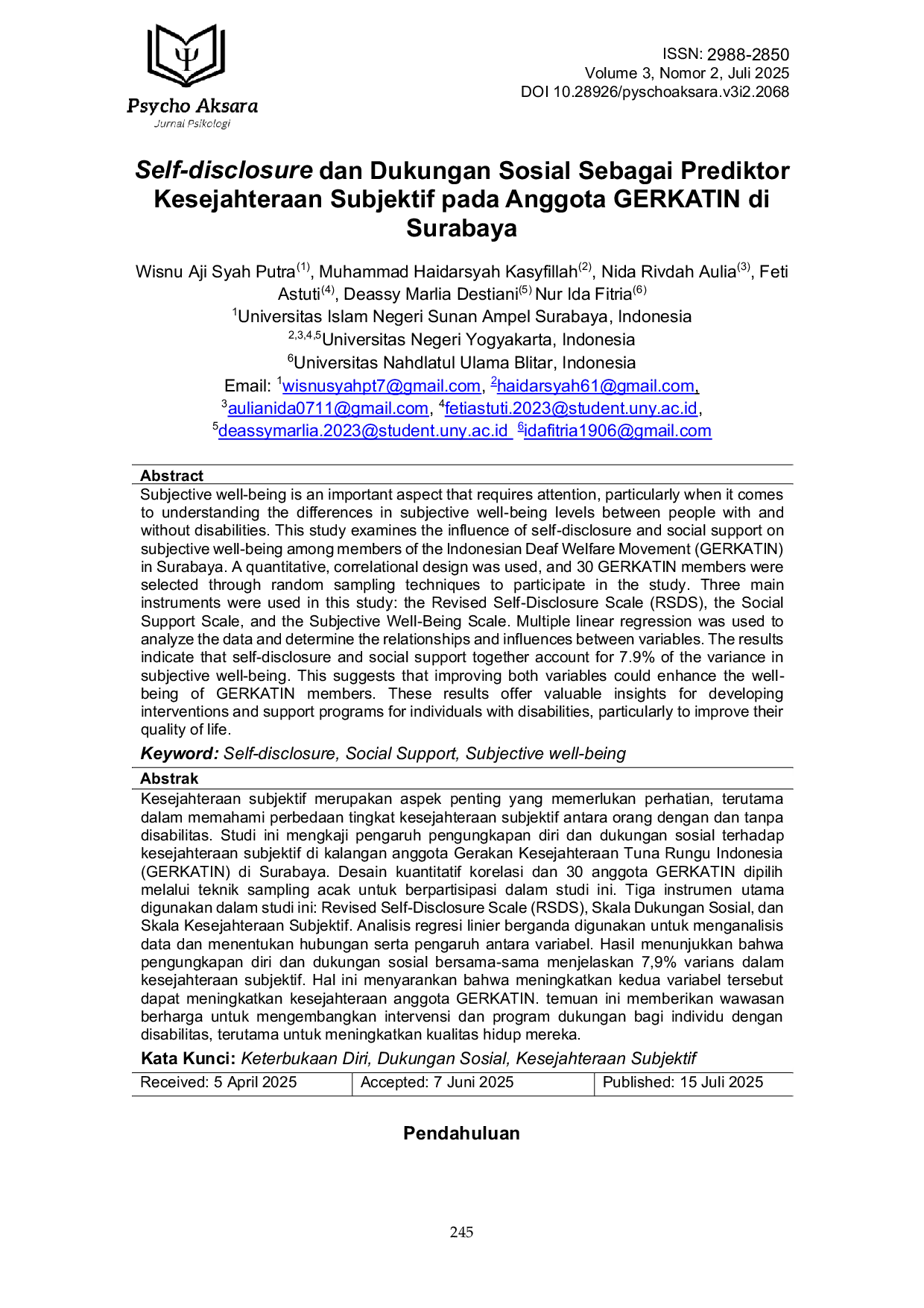 JURIS Self Disclosure dan Dukungan Sosial Sebagai Prediktor Kesejahteraan Subjektif pada Anggota GERKATIN di Surabaya