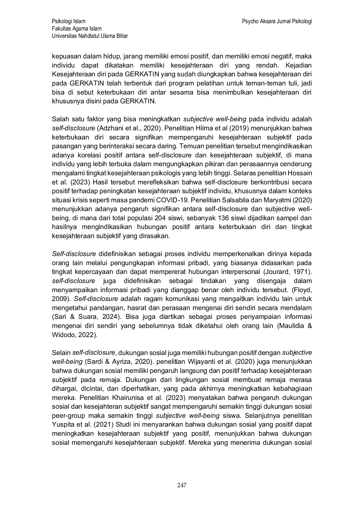 JURIS Self Disclosure dan Dukungan Sosial Sebagai Prediktor Kesejahteraan Subjektif pada Anggota GERKATIN di Surabaya