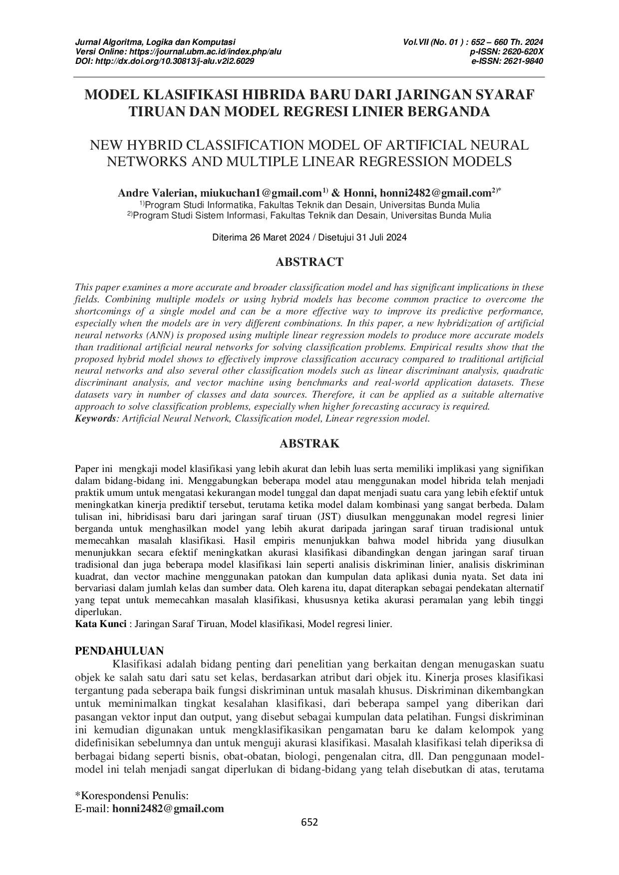 JURIS Model Klasifikasi Hibrida Baru Dari Jaringan Saraf Tiruan Dan Model Regresi Linier Berganda