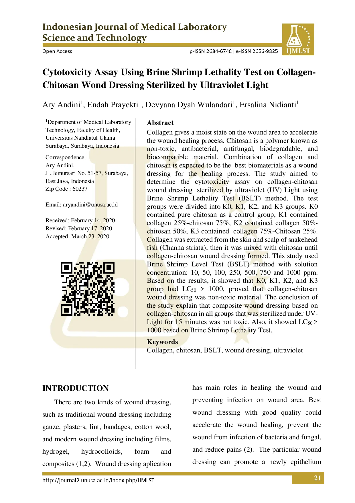 juris Cytotoxicity Assay Using Brine Shrimp Lethality Test On Collagen Chitosan Wond Dressing Sterilized By Ultraviolet Light