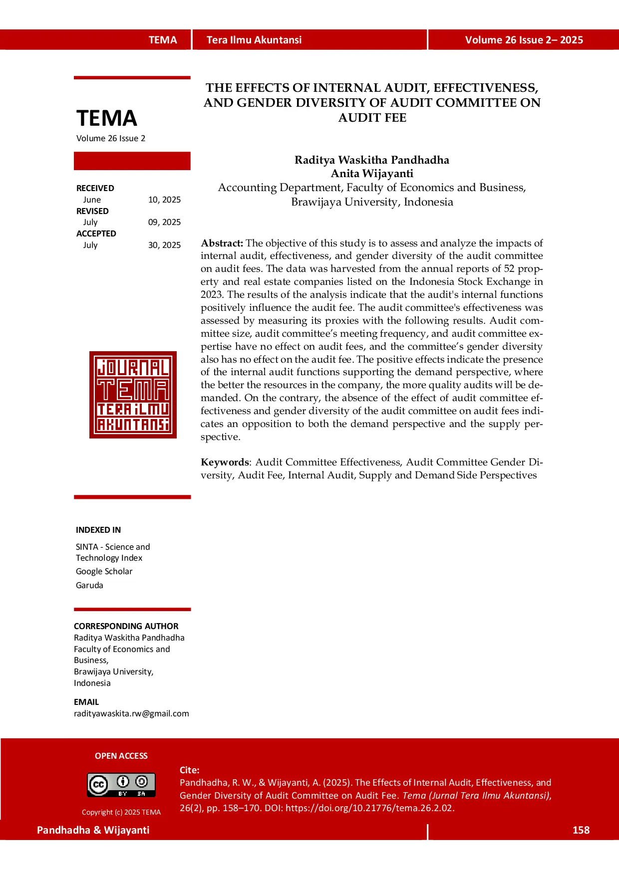 JURIS The The Effects of Internal Audit Effectiveness and Gender Diversity of Audit Committee on Audit Fee
