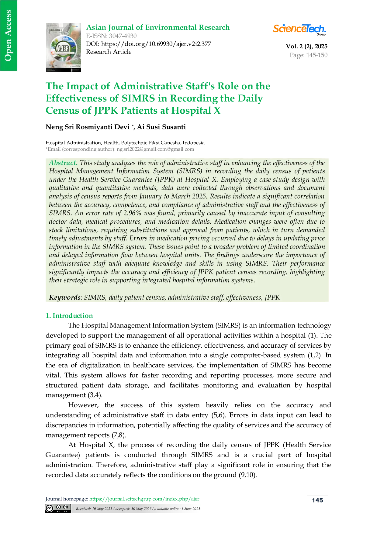 JURIS The Impact of Administrative Staff s Role on the Effectiveness of SIMRS in Recording the Daily Census of JPPK Patients at Hospital X