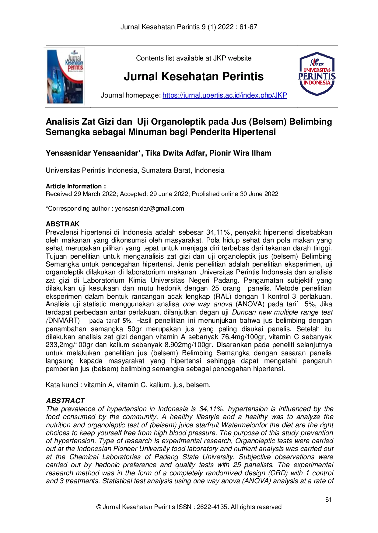 JURIS Analisis Zat Gizi dan Uji Organoleptik pada Jus Belsem Belimbing Semangka sebagai Minuman bagi Penderita Hipertensi