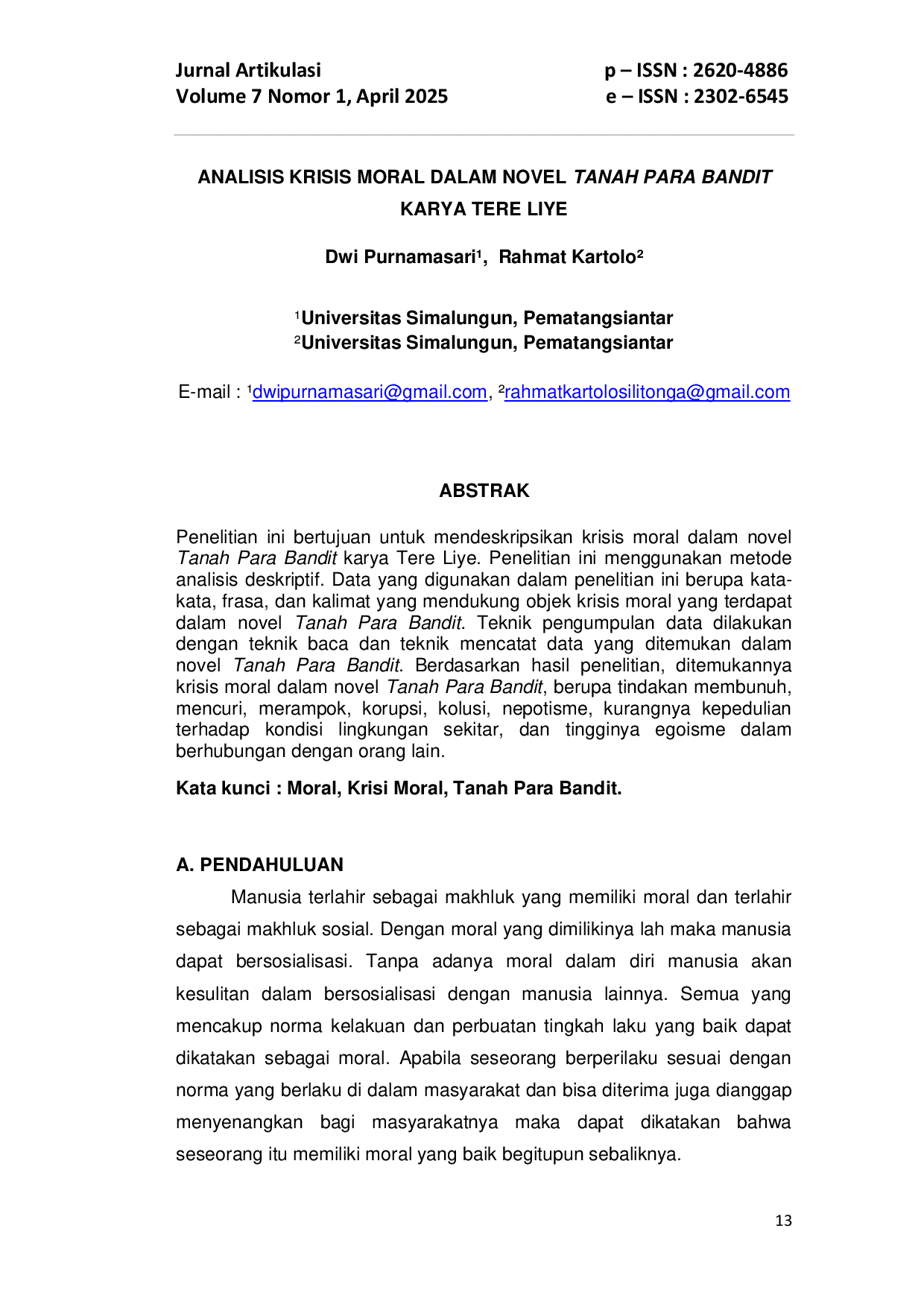 JURIS Analisis Krisis Moral Dalam Novel Tanah Para Bandit Karya Tere Liye