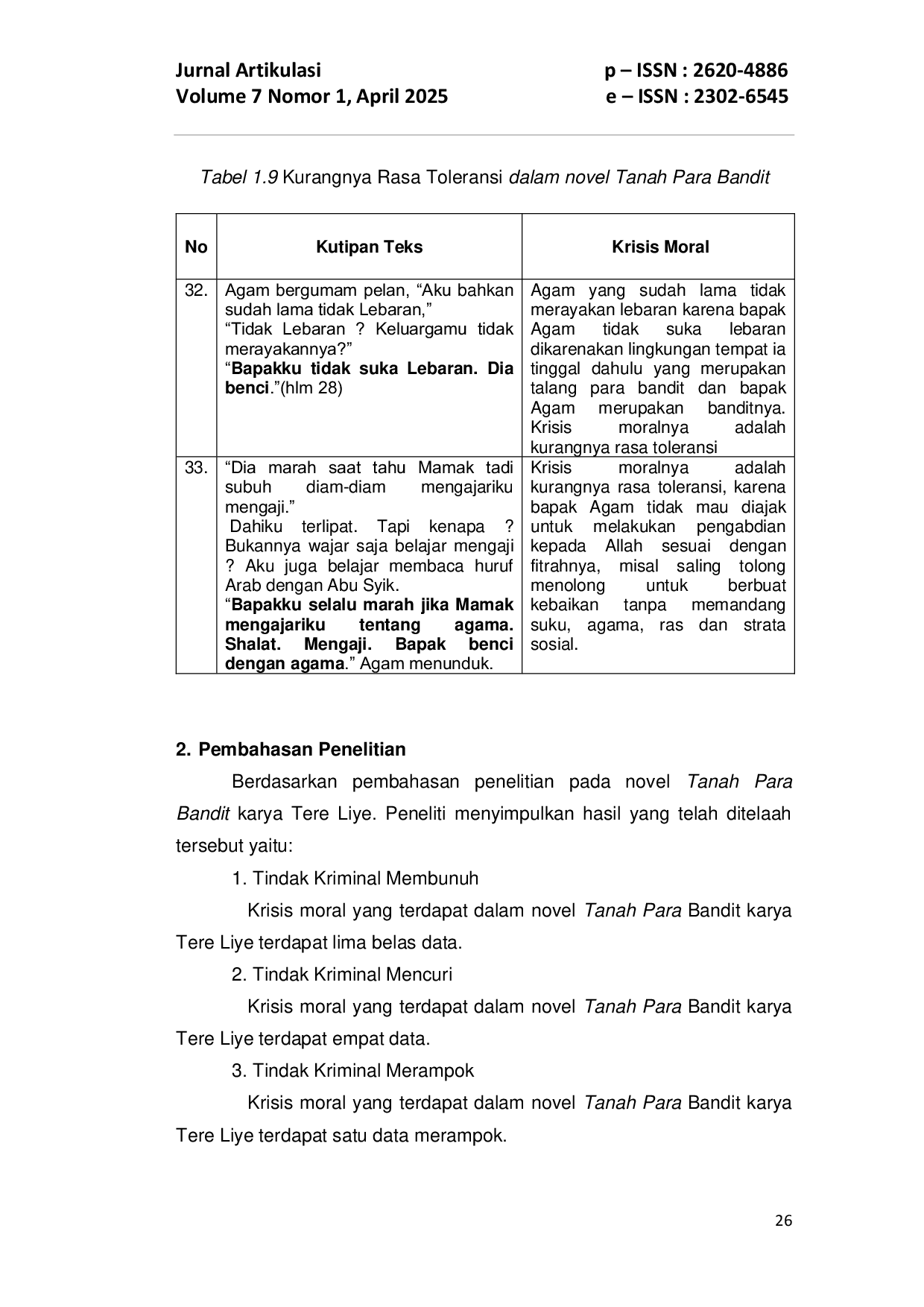 JURIS Analisis Krisis Moral Dalam Novel Tanah Para Bandit Karya Tere Liye