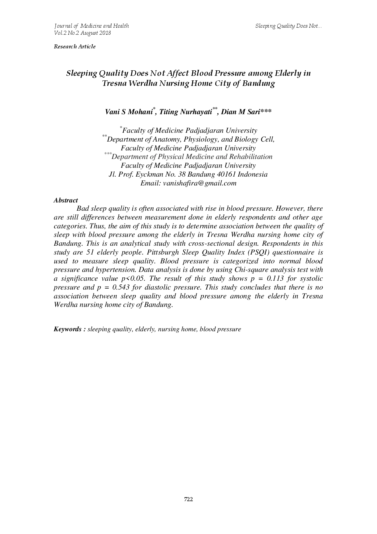 juris Sleeping Quality Does Not Affect Blood Pressure among Elderly in Tresna Werdha Nursing Home City of Bandung