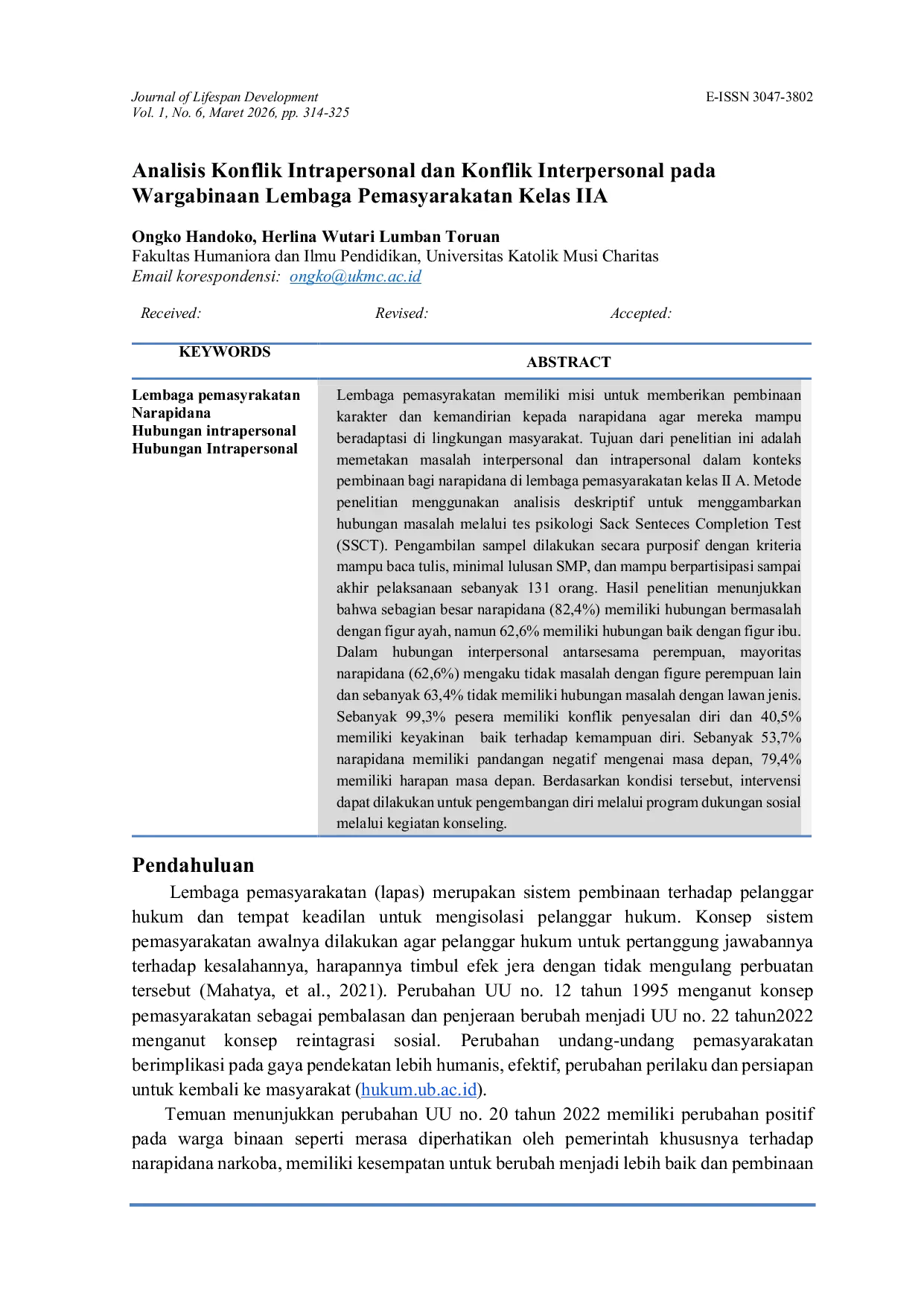 JURIS Analisis Konflik Intrapersonal dan Konflik Interpersonal pada Wargabinaan Lembaga Pemasyarakatan Kelas IIA
