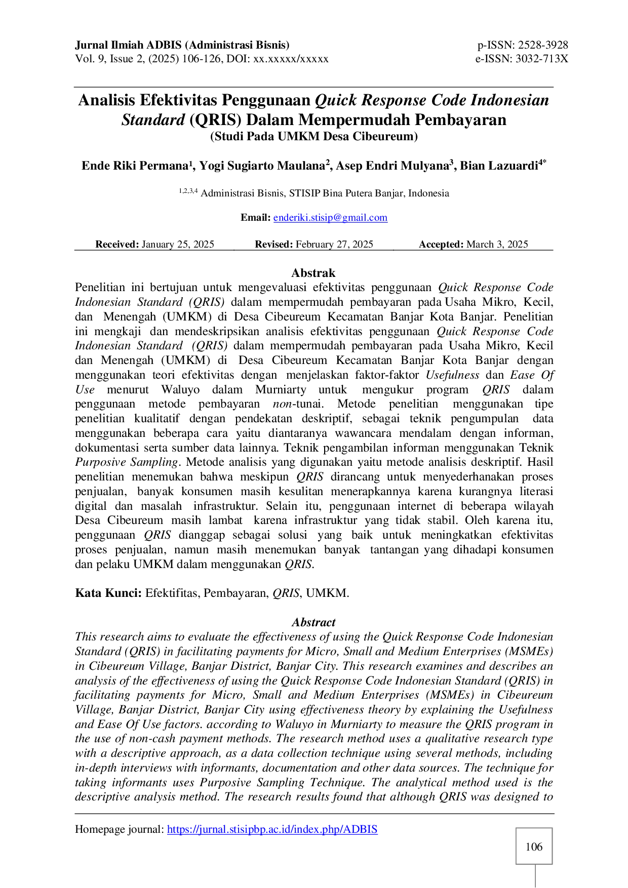 JURIS Analisis Efektivitas Penggunaan Quick Response Code Indonesian Standard QRIS Dalam Mempermudah Pembayaran Studi Pada UMKM Desa Cibeureum