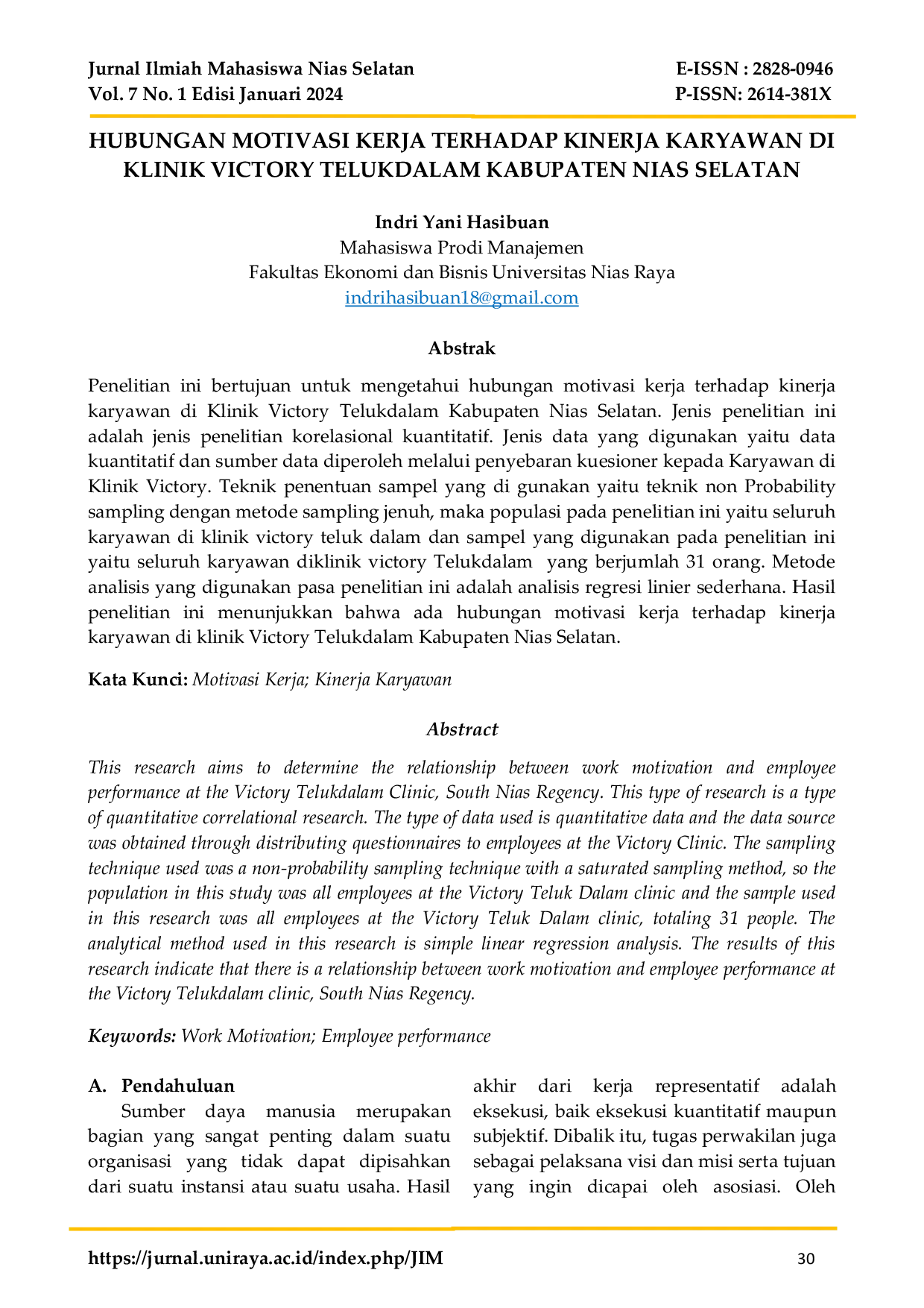 JURIS Hubungan Motivasi Kerja Terhadap Kinerja Karyawan di Klinik Victory Telukdalam Kabupaten Nias Selatan