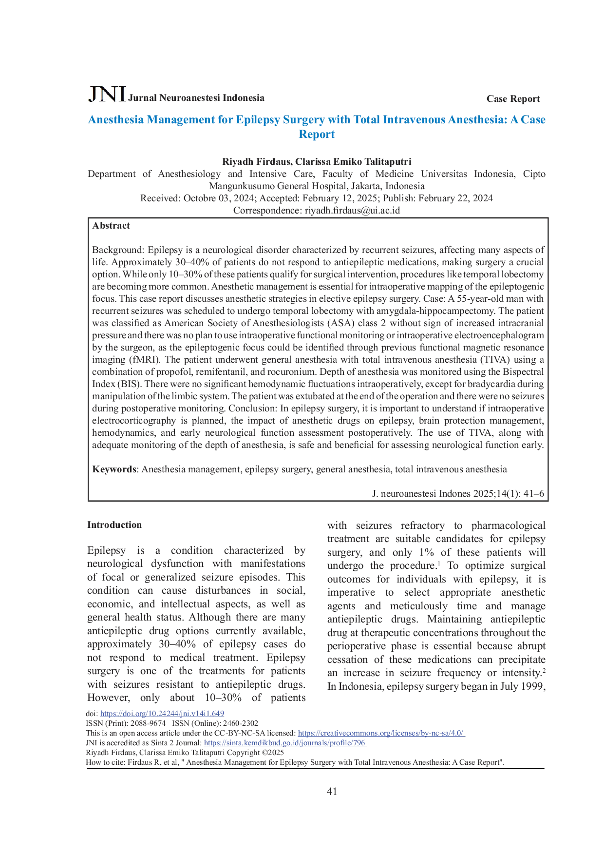 JURIS Anesthesia Management for Epilepsy Surgery with Total Intravenous Anesthesia A Case Report