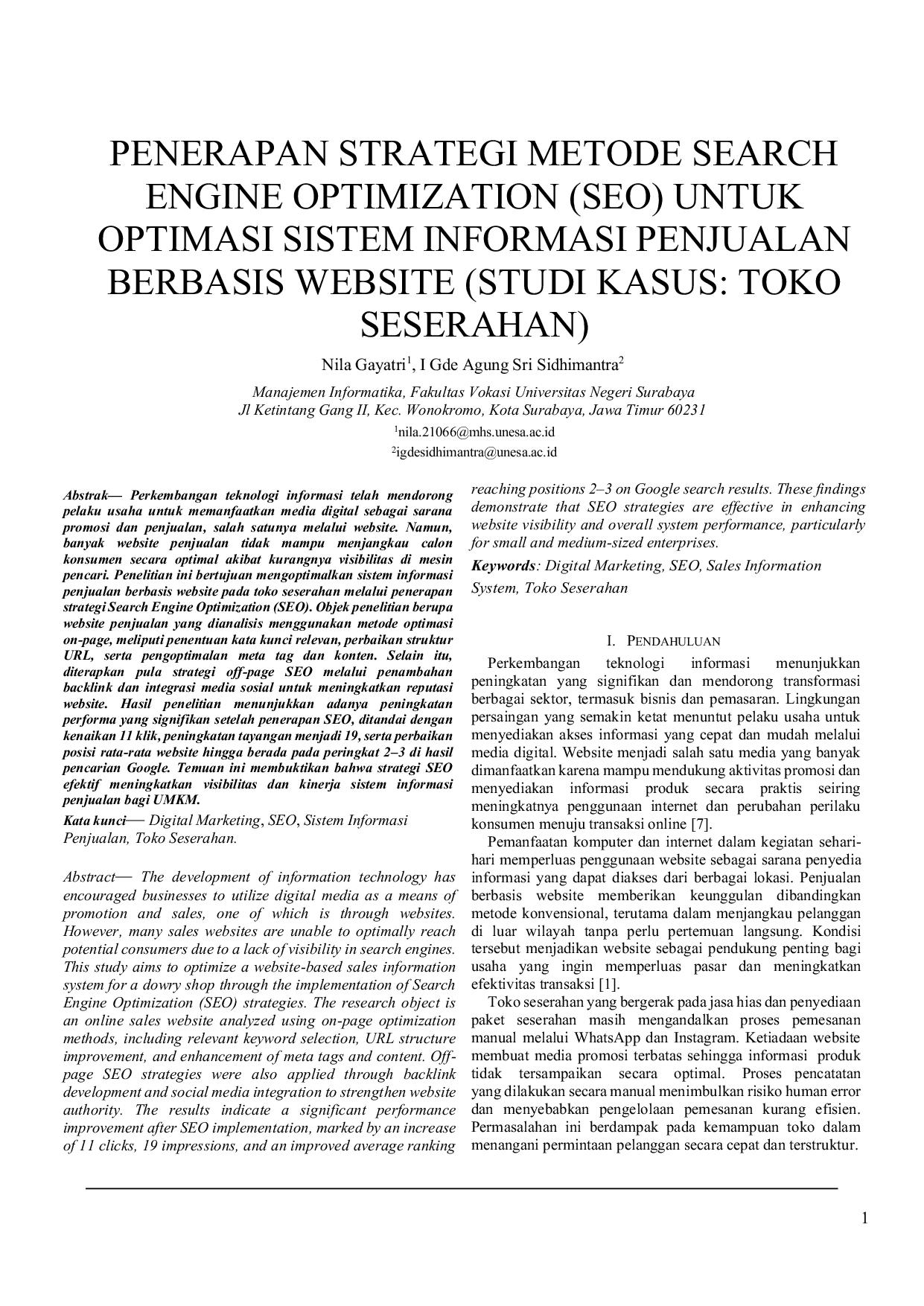 JURIS Penerapan Strategi Metode Search Engine Optimization untuk Optimasi Sistem Informasi Penjualan Berbasis Website Toko Seserahan