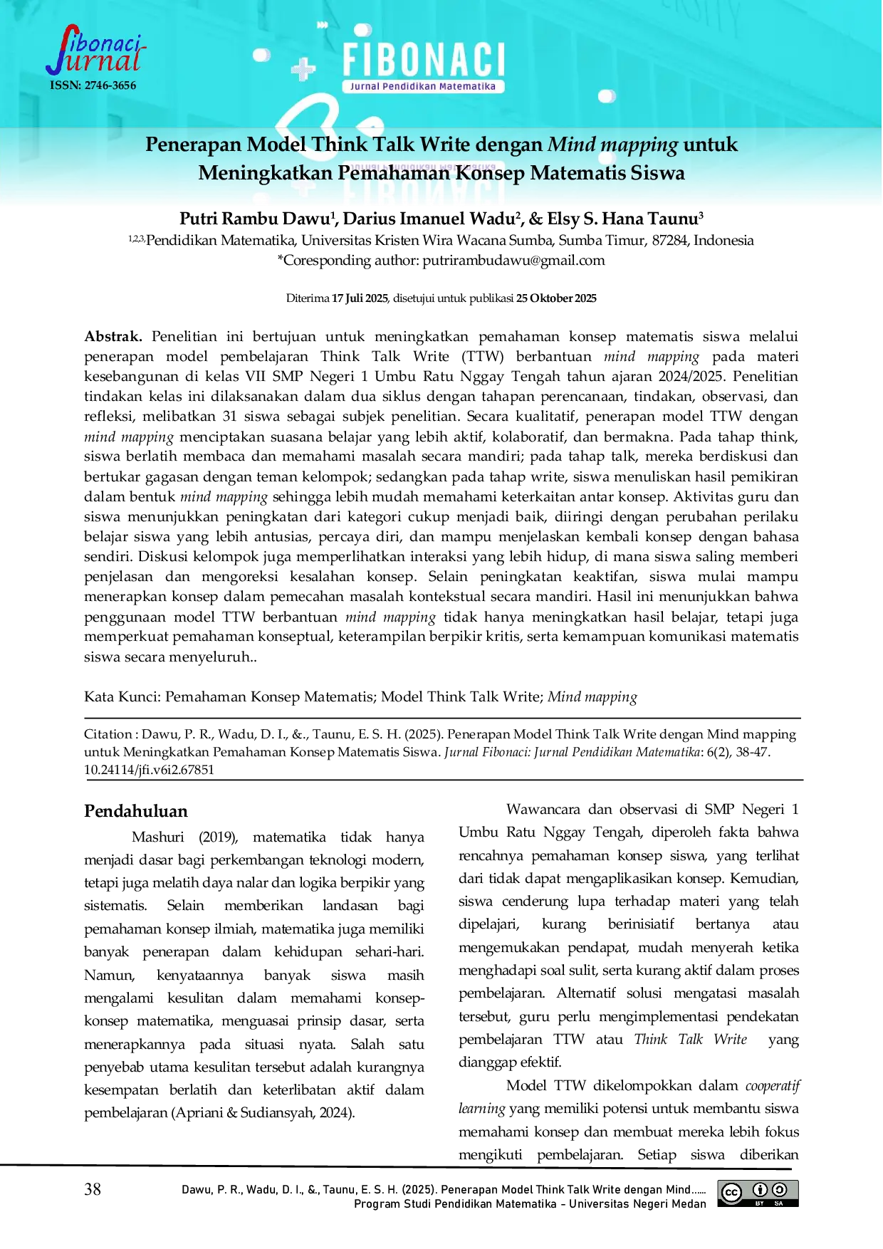 JURIS Penerapan Model Think Talk Write dengan Mind mapping untuk Meningkatkan Pemahaman Konsep Matematis Siswa