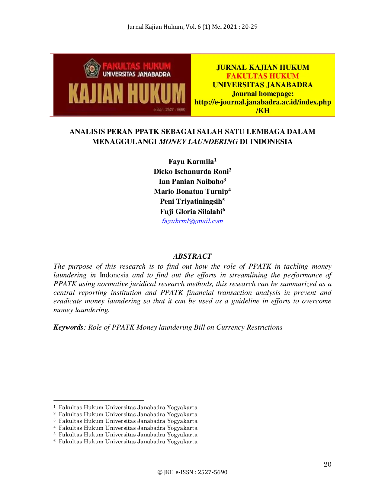JURIS Analisis Peran Ppatk Sebagai Salah Satu Lembaga Dalam Menaggulangi Money Laundering Di Indonesia