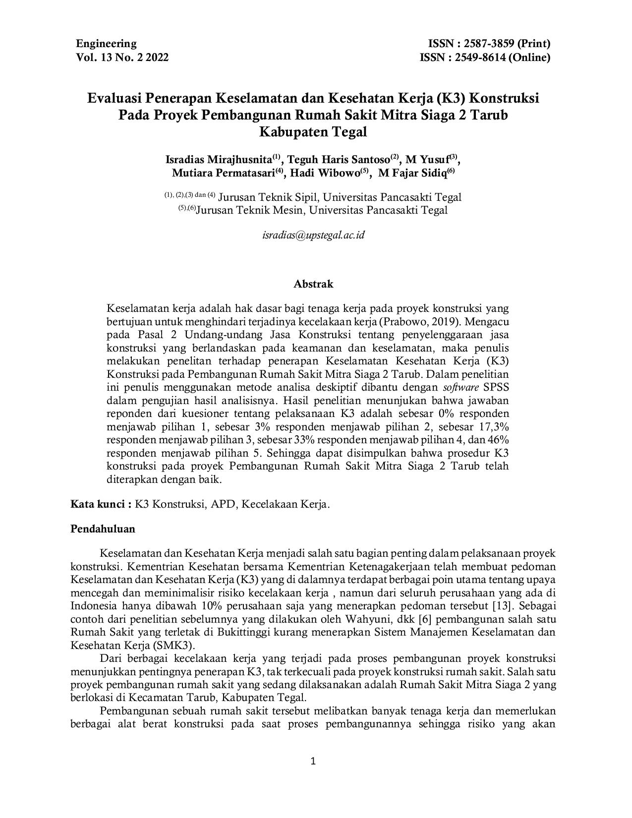 JURIS Evaluasi Penerapan Keselamatan dan Kesehatan Kerja K3 Konstruksi Pada Proyek Pembangunan Rumah Sakit Mitra Siaga 2 Tarub Kabupaten Tegal