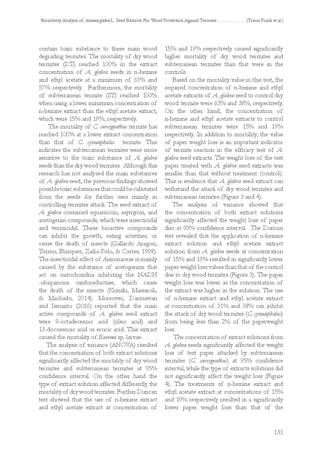 juris BIOACTIVITY ANALYSIS of Annona glabra L SEED EXTRACTS FOR WOOD PROTECTION AGAINST Termites Cryptotermes cynocephalus Light AND Coptotermes curvignathus Holmgren