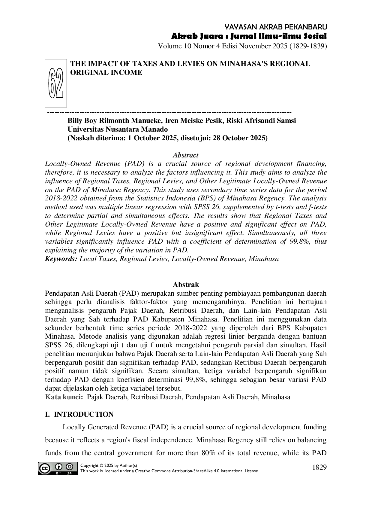 JURIS The Impact of Taxes and Levies on Minahasa s Regional Original Income