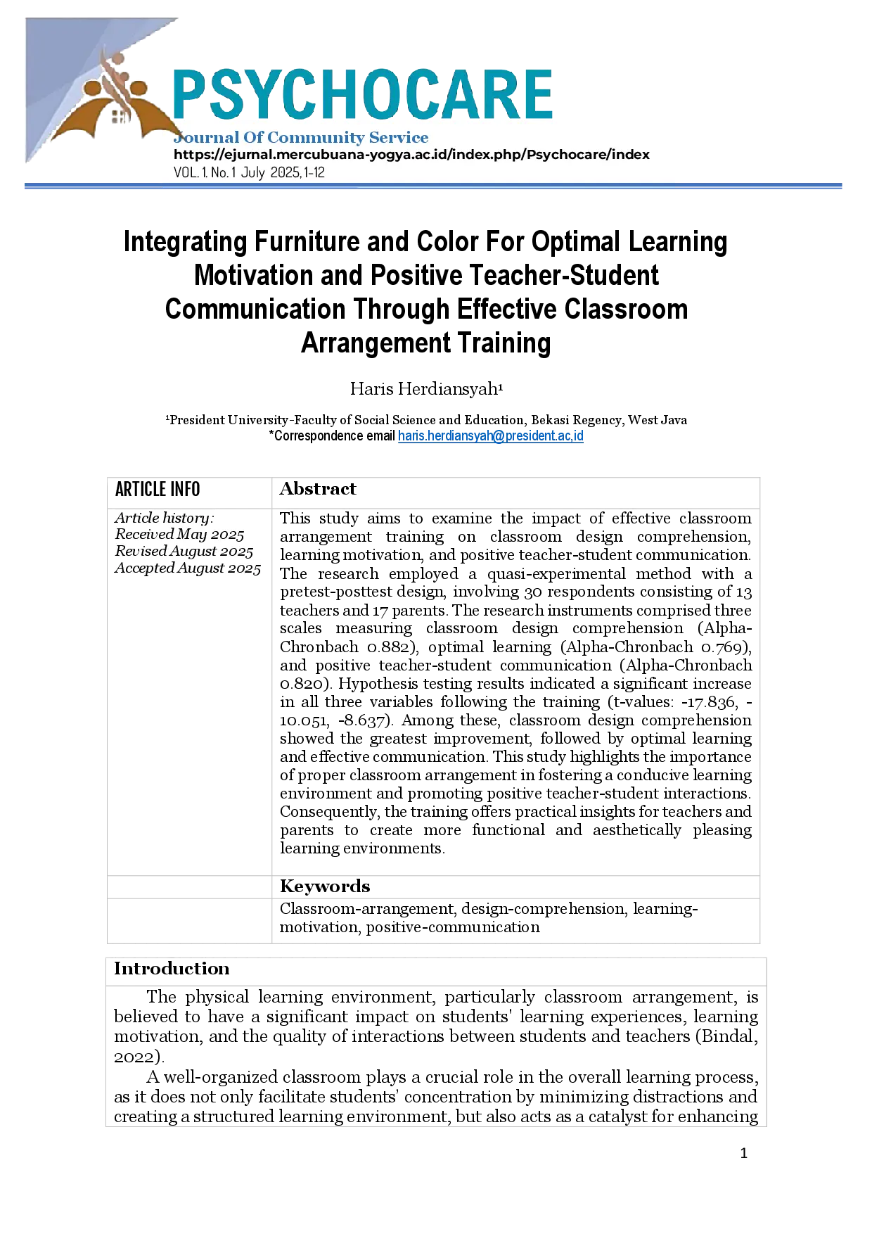 juris Integrating Furniture and Color For Optimal Learning Motivation and Positive Teacher Student Communication Through Effective Classroom Arrangement Training