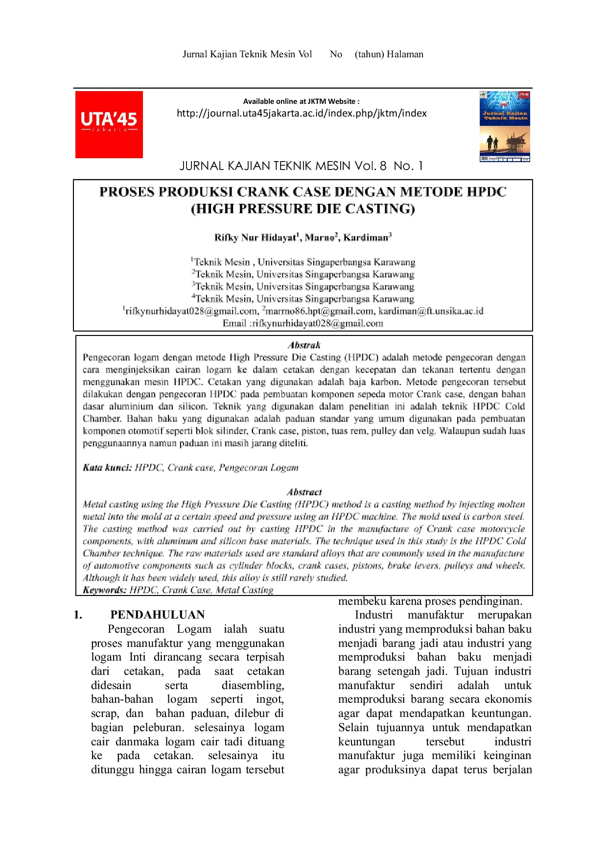 JURIS Proses Produksi Crank Case dengan Metode HPDC High Pressure Die Casting