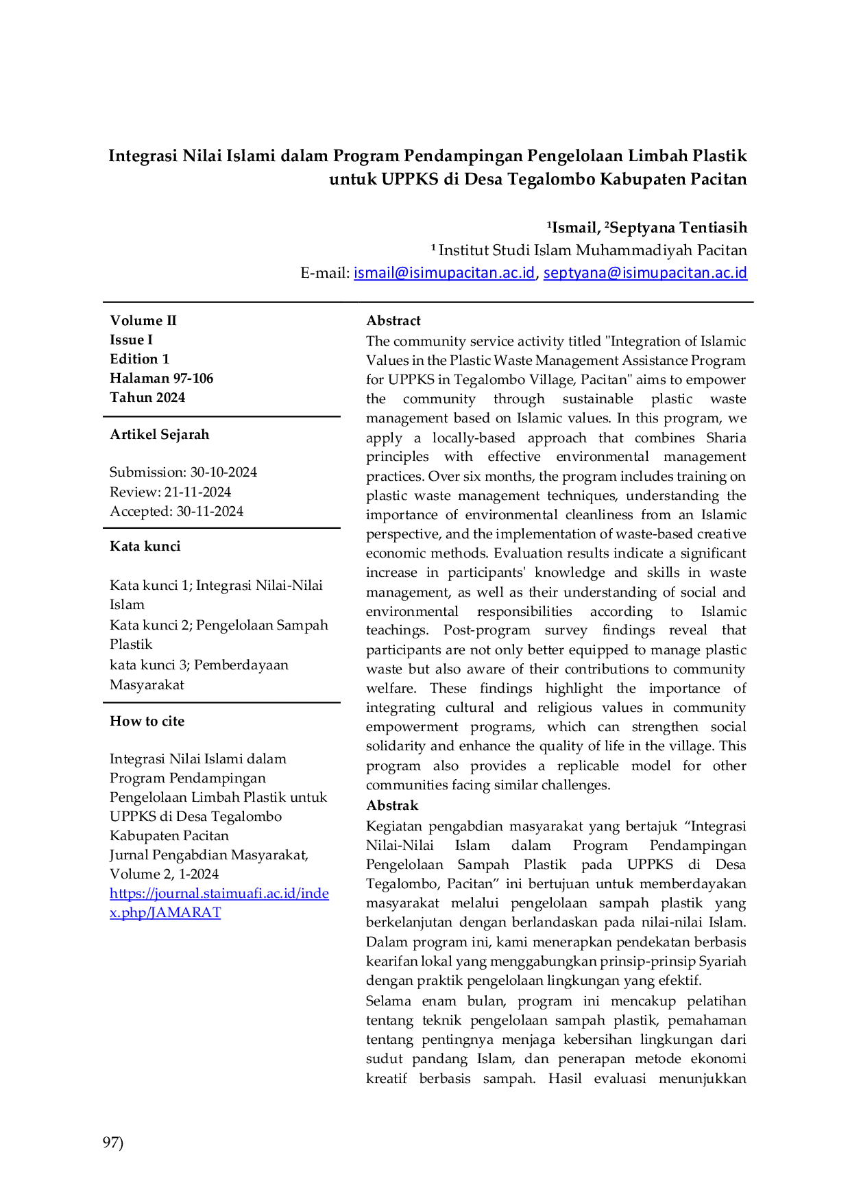 JURIS Integrasi Nilai Islami dalam Program Pendampingan Pengelolaan Limbah Plastik untuk UPPKS di Desa Tegalombo Kabupaten Pacitan