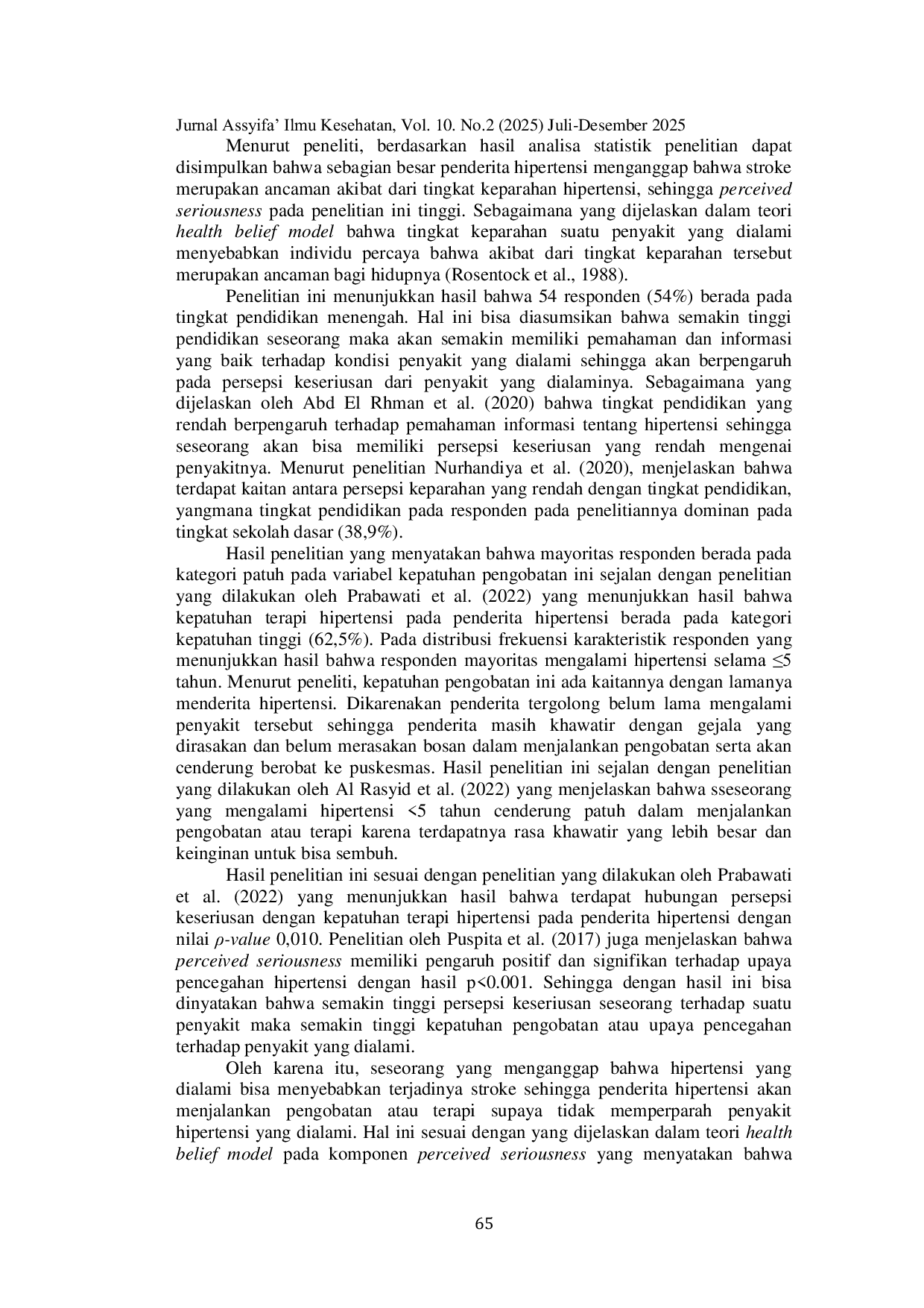 JURIS Hubungan Perceived Seriousness tentang Stroke dengan Kepatuhan Pengobatan pada Penderita Hipertensi di Kota Banda Aceh