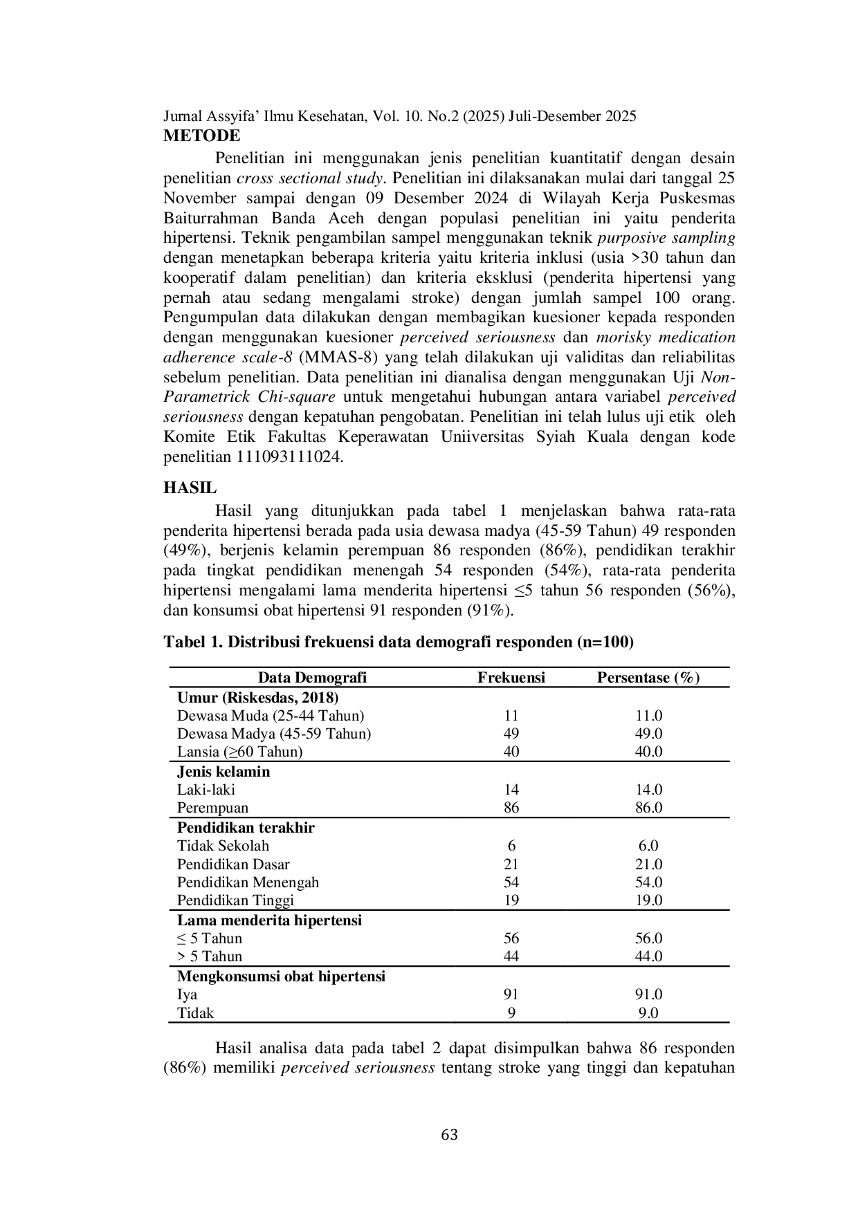 JURIS Hubungan Perceived Seriousness tentang Stroke dengan Kepatuhan Pengobatan pada Penderita Hipertensi di Kota Banda Aceh