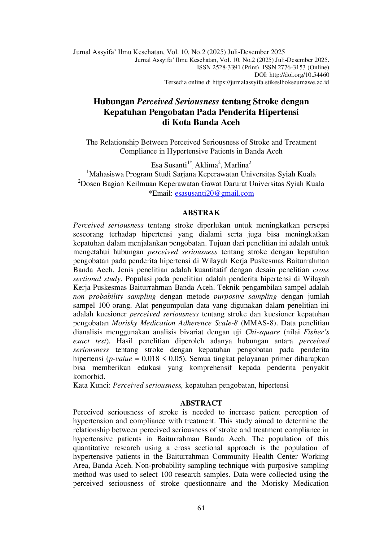 JURIS Hubungan Perceived Seriousness tentang Stroke dengan Kepatuhan Pengobatan pada Penderita Hipertensi di Kota Banda Aceh