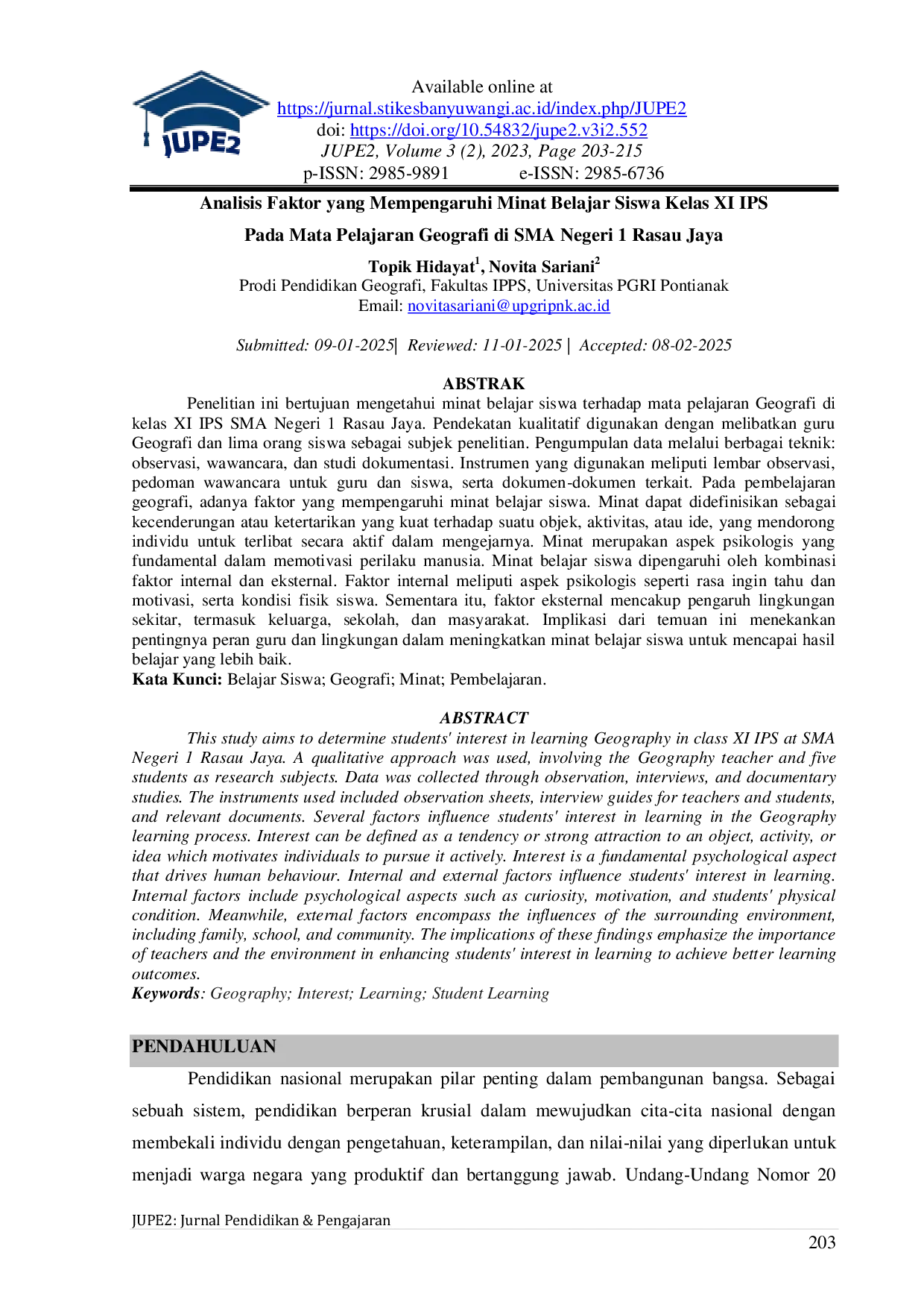 JURIS Analisis Faktor yang Mempengaruhi Minat Belajar Siswa Kelas XI IPS Pada Mata Pelajaran Geografi di SMA Negeri 1 Rasau Jaya