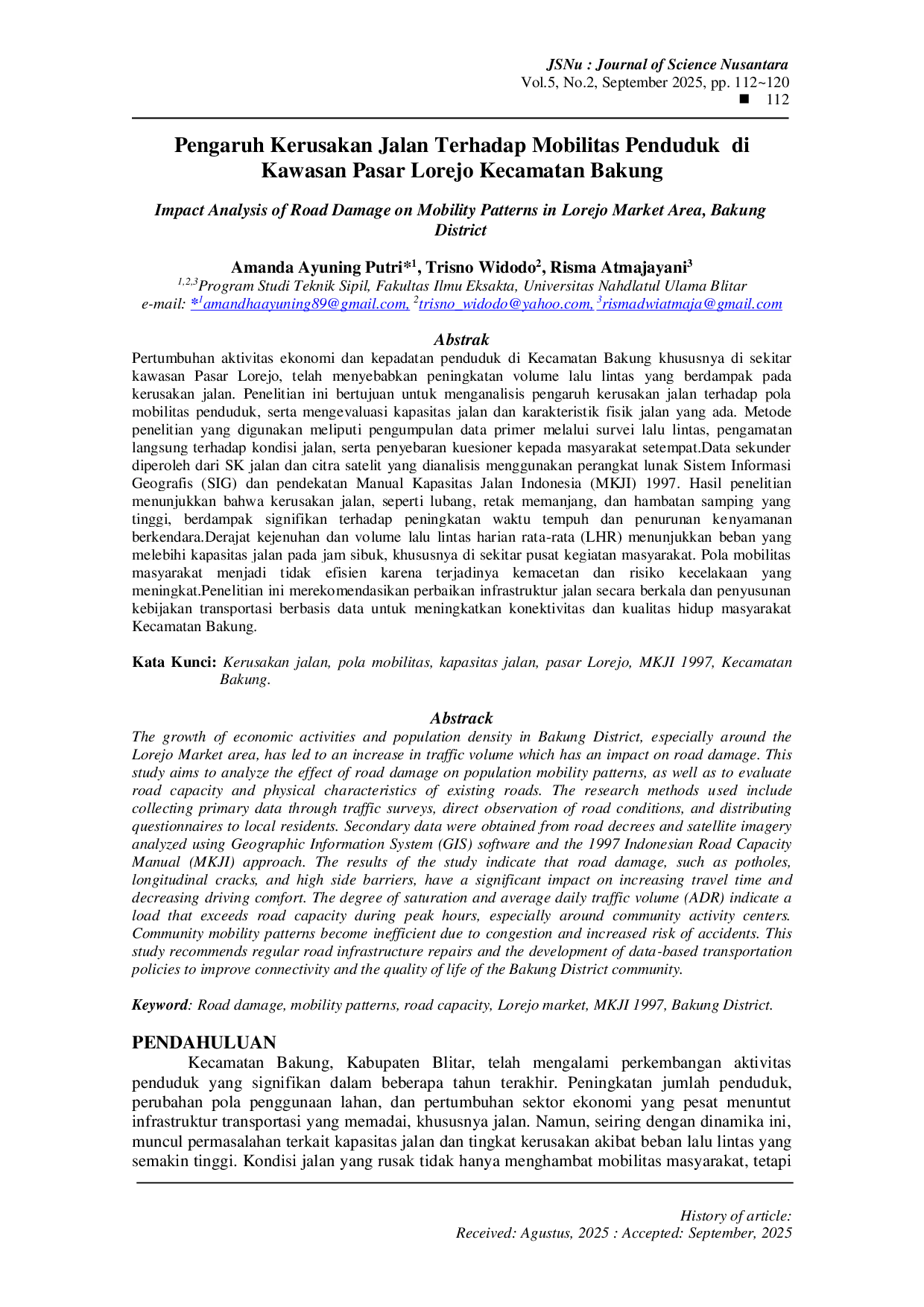 JURIS Pengaruh Kerusakan Jalan Terhadap Mobilitas Penduduk di Kawasan Pasar Lorejo Kecamatan Bakung