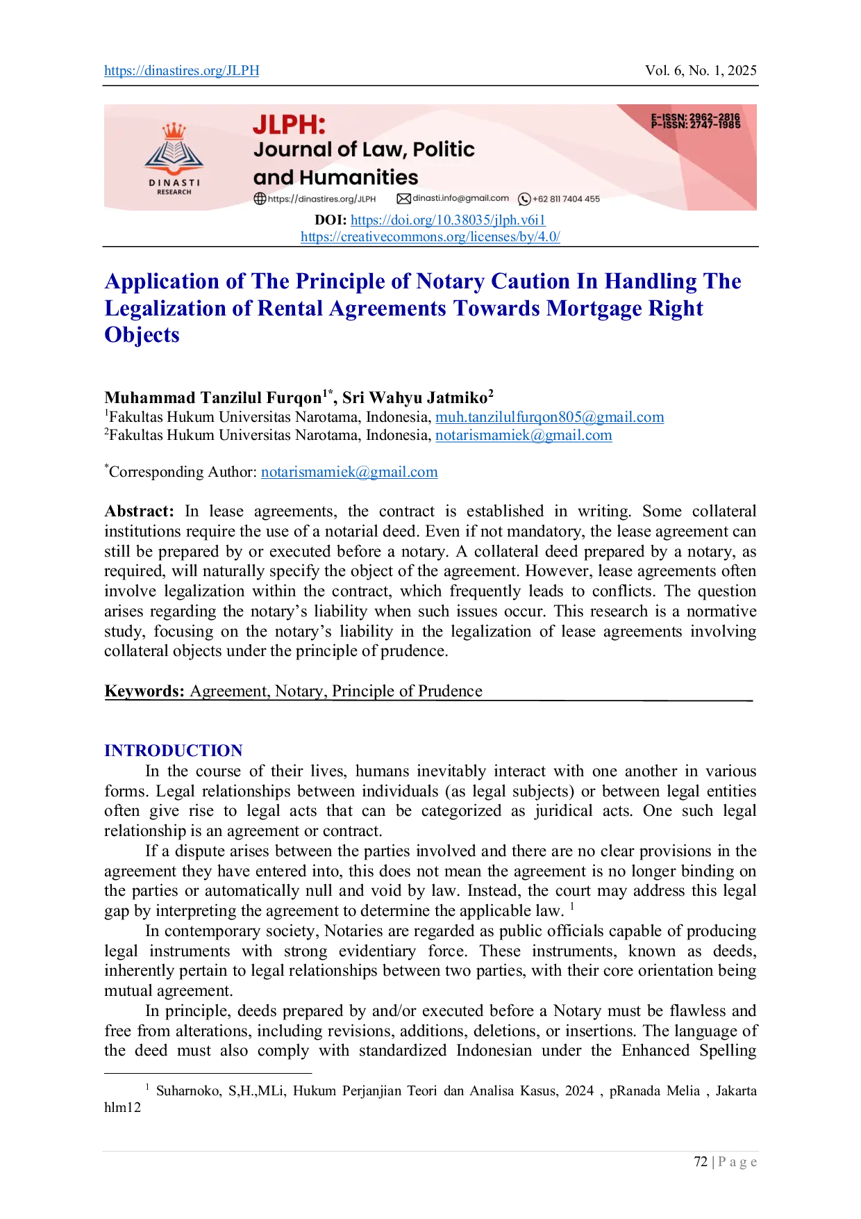 JURIS Application of The Principle of Notary Caution In Handling The Legalization of Rental Agreements Towards Mortgage Right Objects