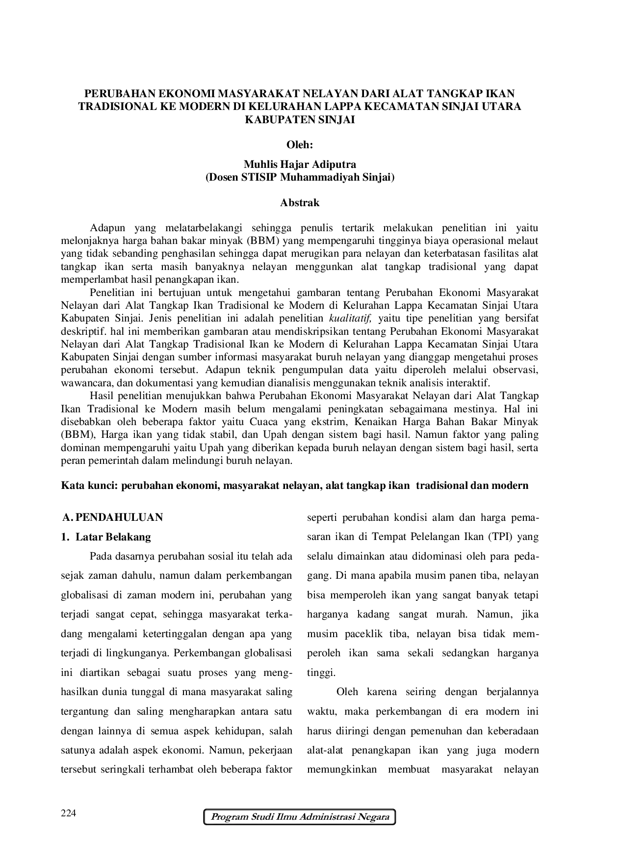 JURIS Perubahan Ekonomi Masyarakat Nelayan Dari Alat Tangkap Ikan Tradisional Ke Modern Di Kelurahan Lappa Kecamatan Sinjai Utara Kabupaten Sinjai