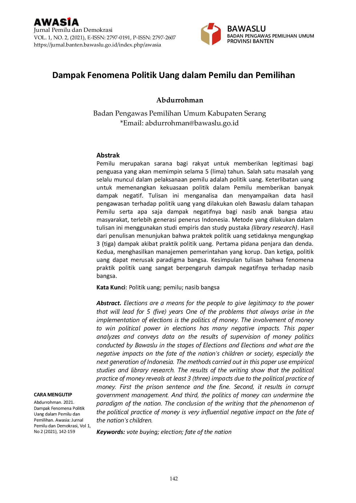 JURIS Dampak Fenomena Politik Uang dalam Pemilu dan Pemilihan