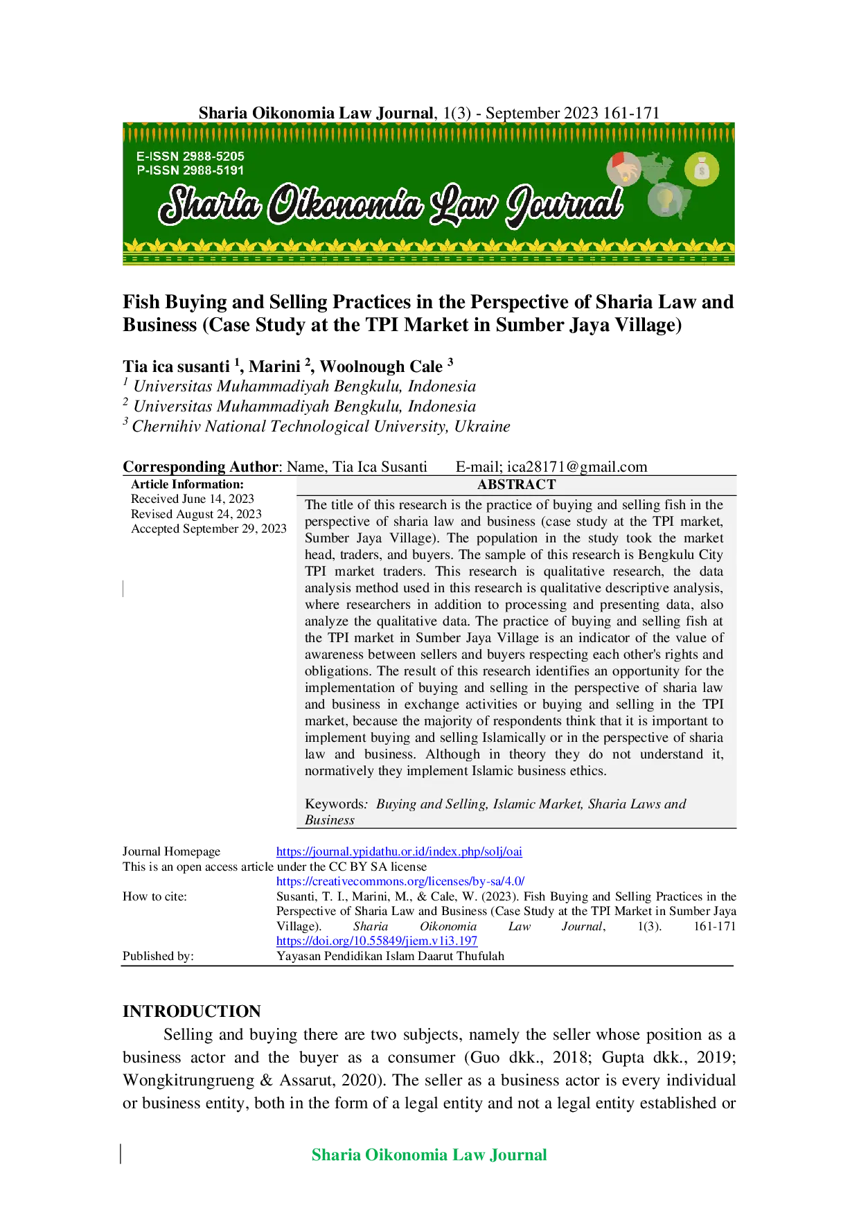 JURIS Fish Buying and Selling Practices in the Perspective of Sharia Law and Business Case Study at the TPI Market in Sumber Jaya Village