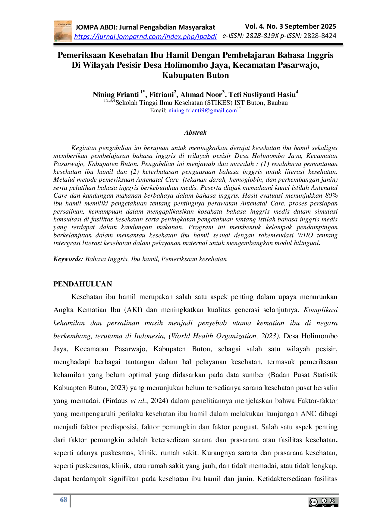 JURIS Pemeriksaan Kesehatan Ibu Hamil Dengan Pembelajaran Bahasa Inggris Di Wilayah Pesisir Desa Holimombo Jaya Kecamatan Pasarwajo Kabupaten Buton