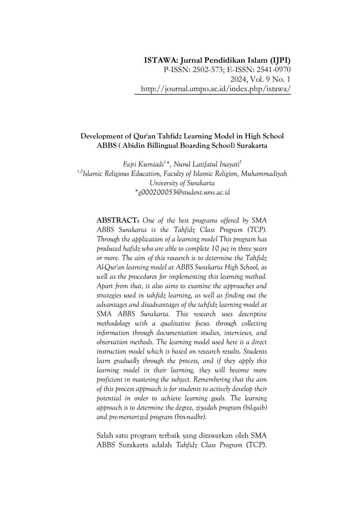 JURIS Development of Qur an Tahfidz Learning Model in High School ABBS Abidin Billingual Boarding School Surakarta