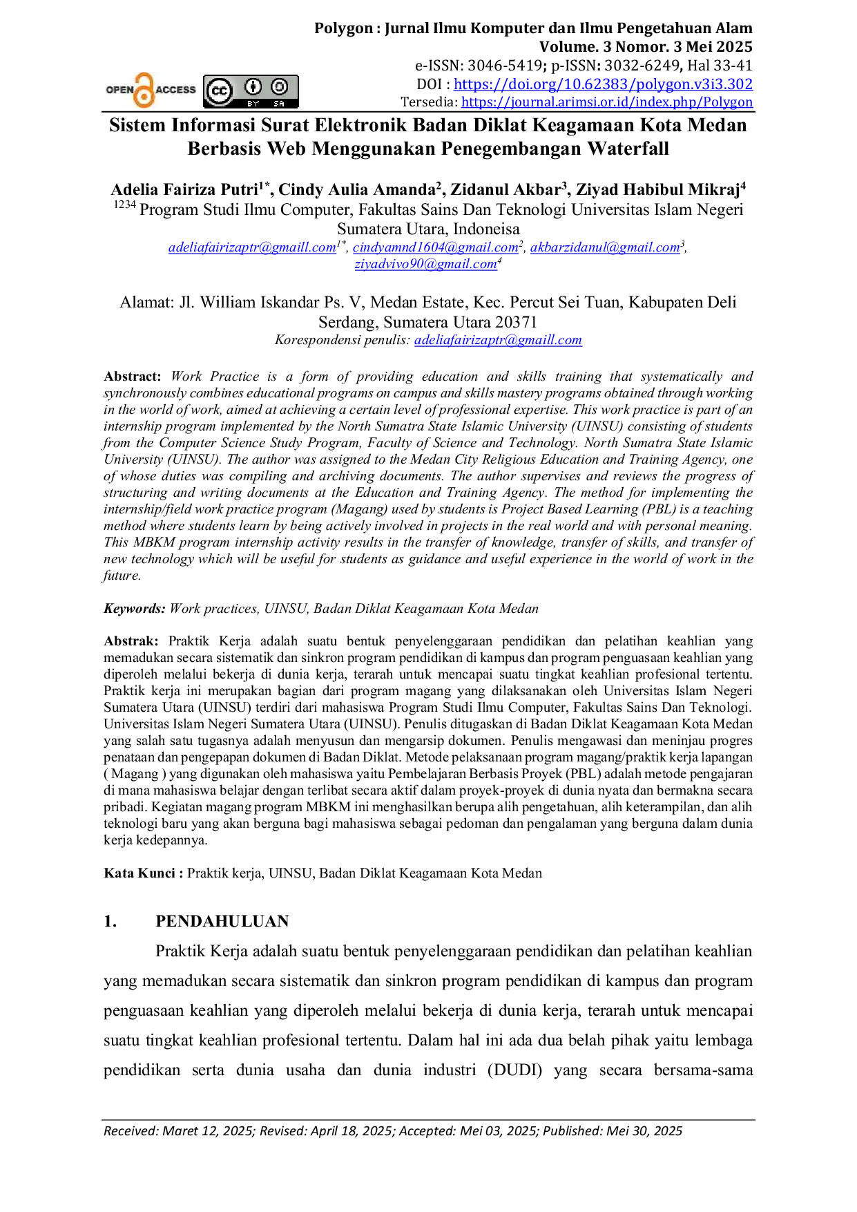 JURIS Sistem Informasi Surat Elektronik Badan Diklat Keagamaan Kota Medan Berbasis Web Menggunakan Penegembangan Waterfall