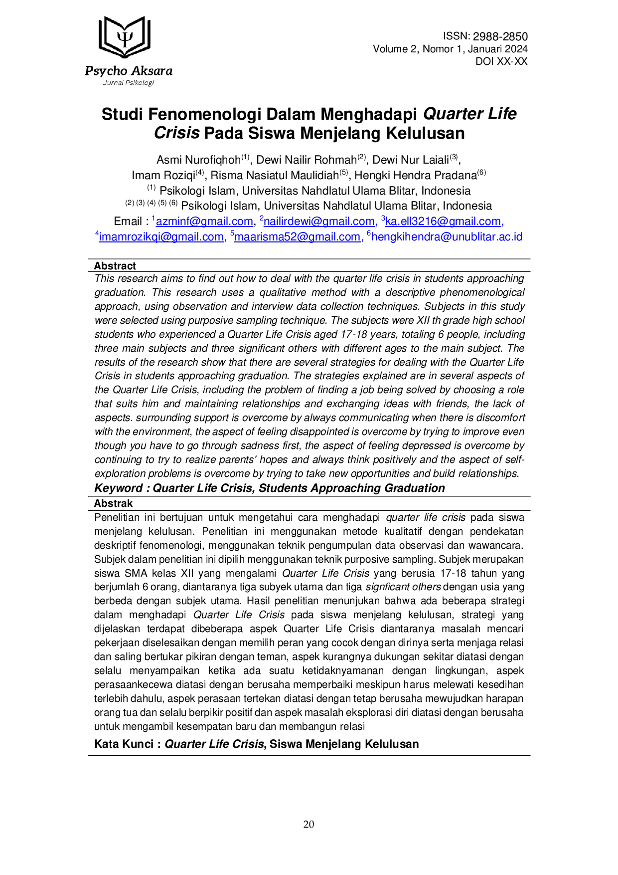 JURIS Studi Fenomenologi Dalam Menghadapi Quarter Life Crisis Pada Siswa Menjelang Kelulusan