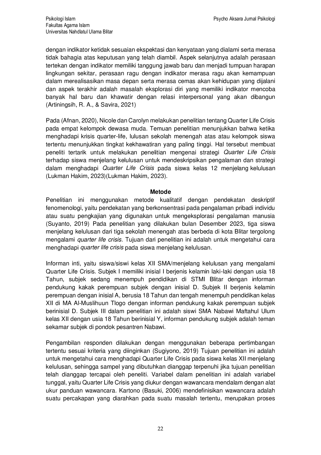 JURIS Studi Fenomenologi Dalam Menghadapi Quarter Life Crisis Pada Siswa Menjelang Kelulusan